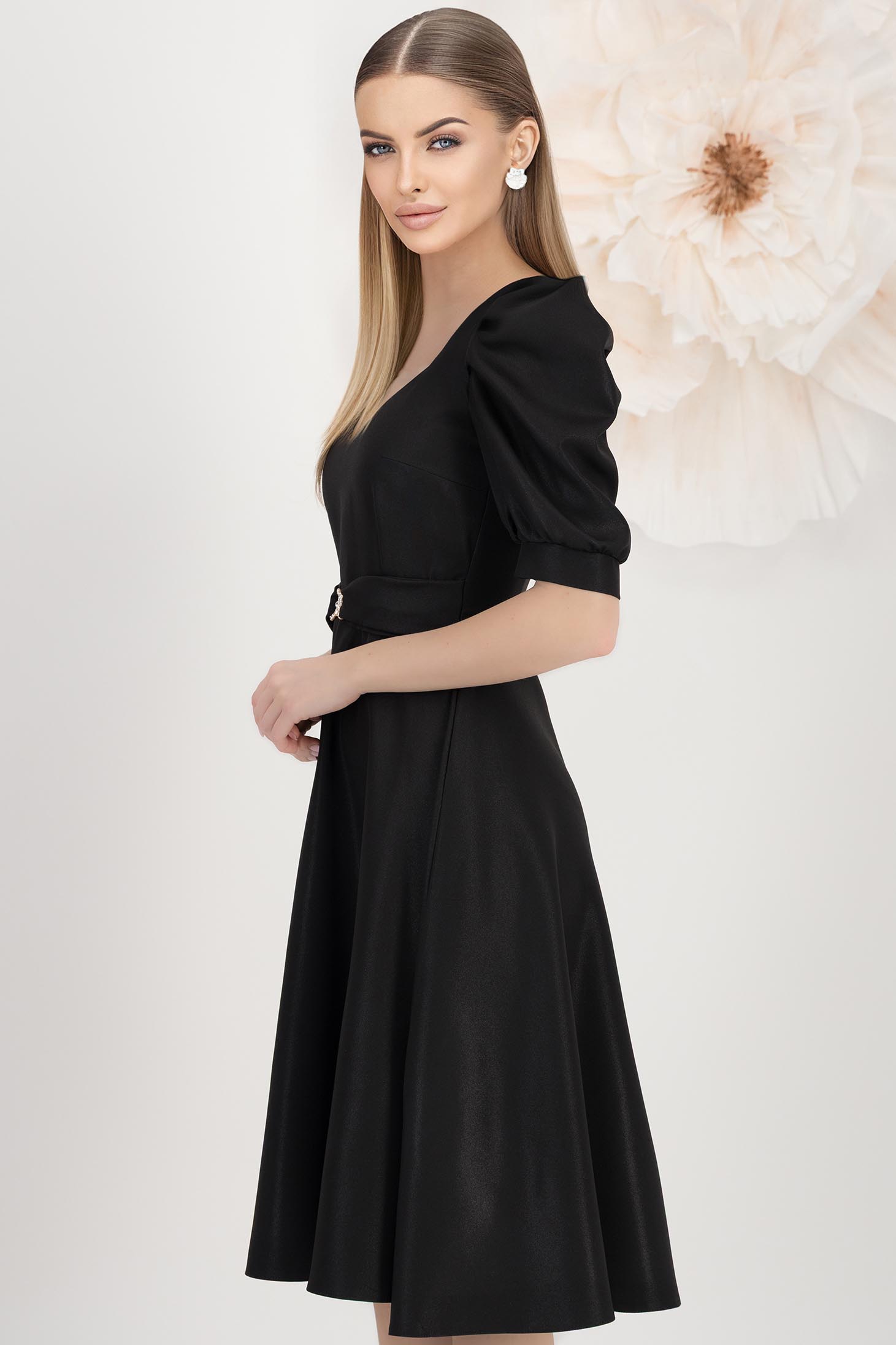 Rochie din stofa elastica cu sclipici neagra midi in clos cu maneci bufante - StarShinerS 2 - StarShinerS.ro