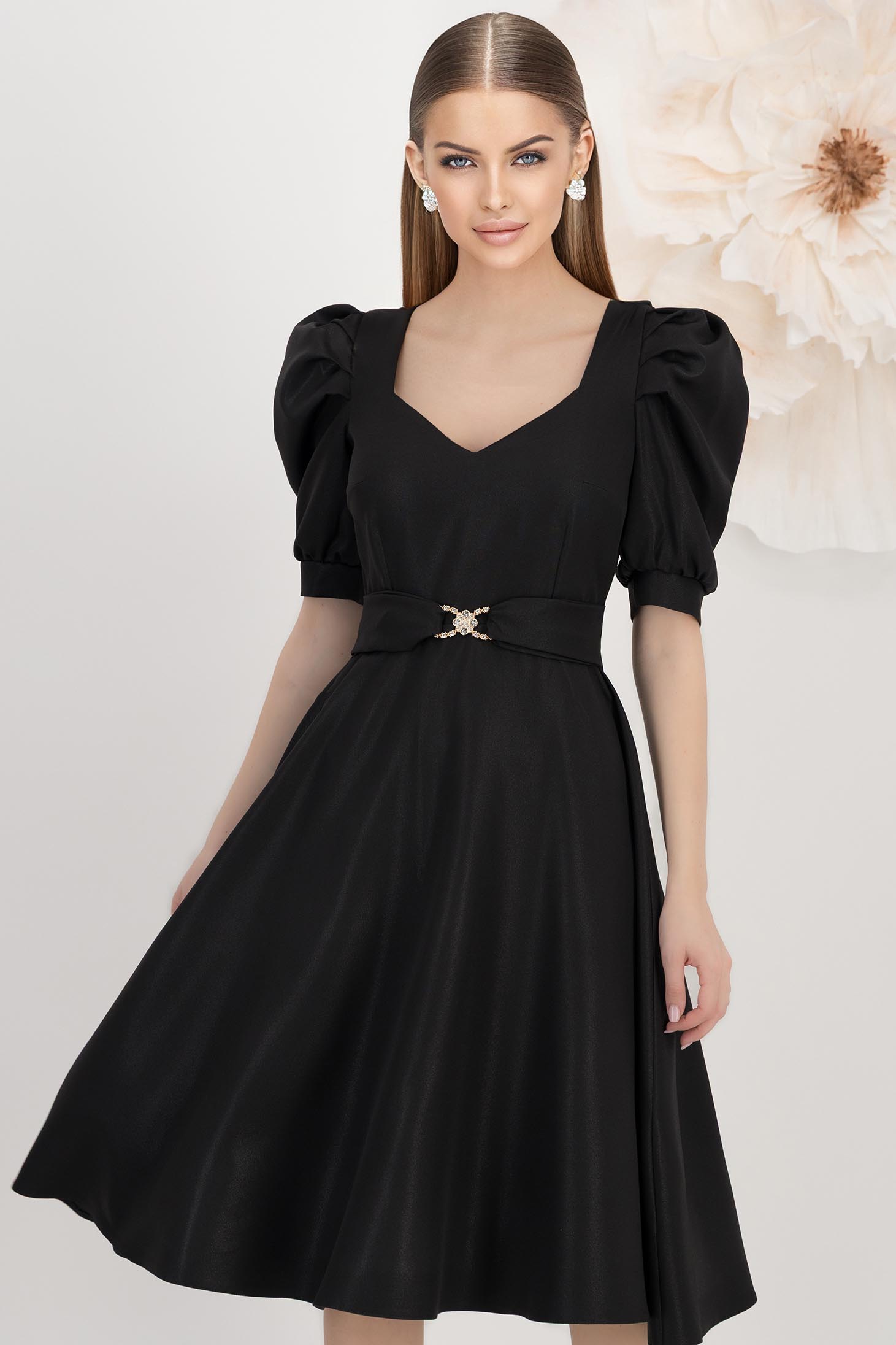 StarShinerS.ro Rochie din stofa elastica cu sclipici neagra midi in clos cu maneci bufante - StarShinerS