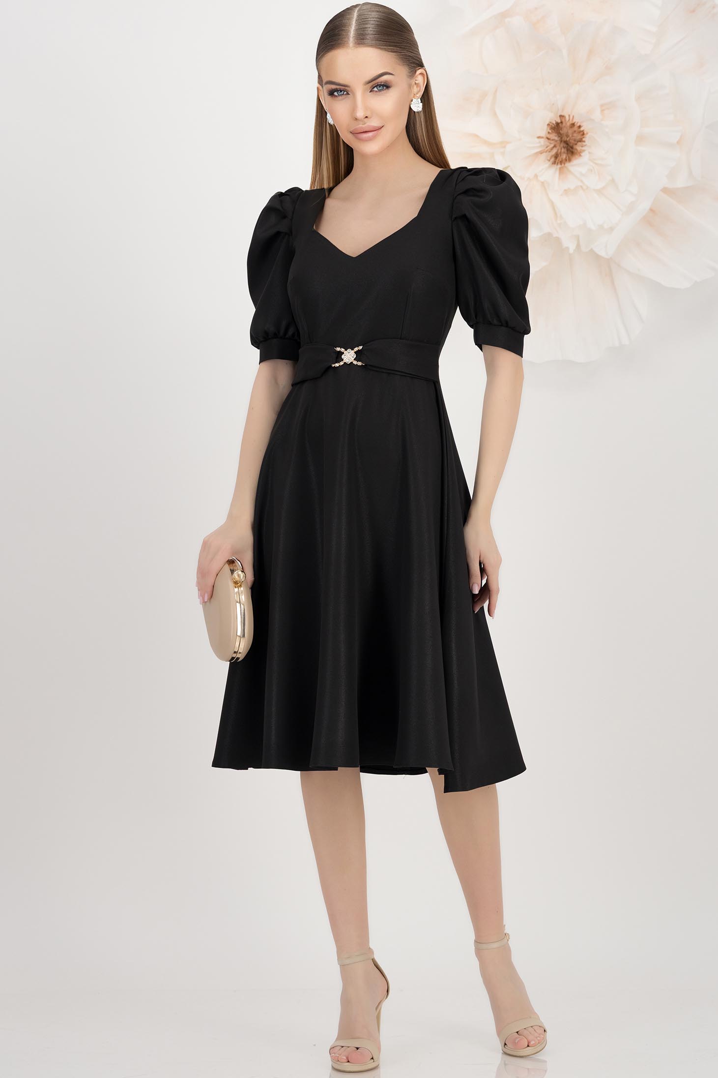 Rochie din stofa elastica cu sclipici neagra midi in clos cu maneci bufante - StarShinerS 3 - StarShinerS.ro