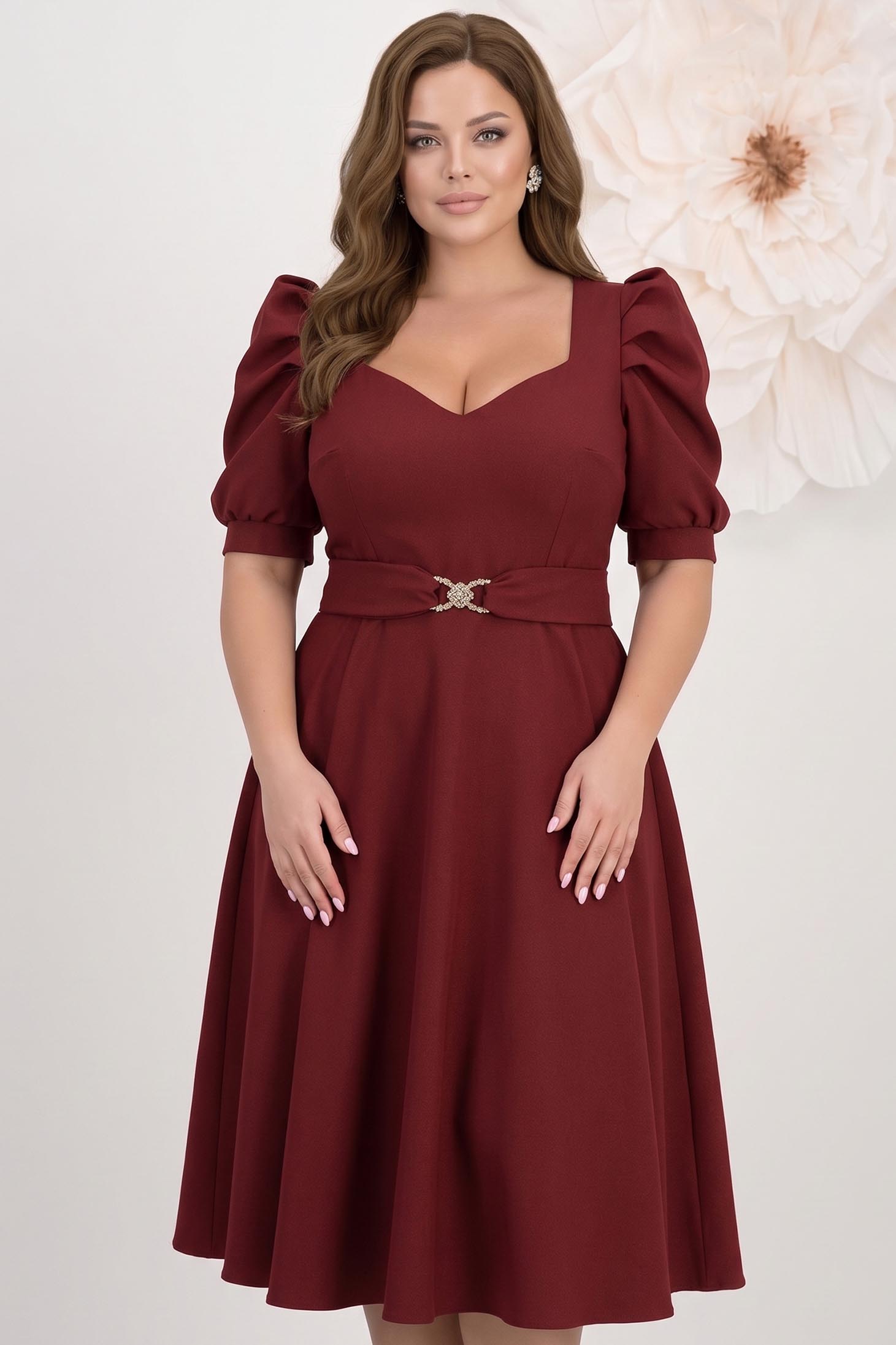 Rochie din stofa elastica cu sclipici visinie midi in clos cu maneci bufante - StarShinerS 1 - StarShinerS.ro