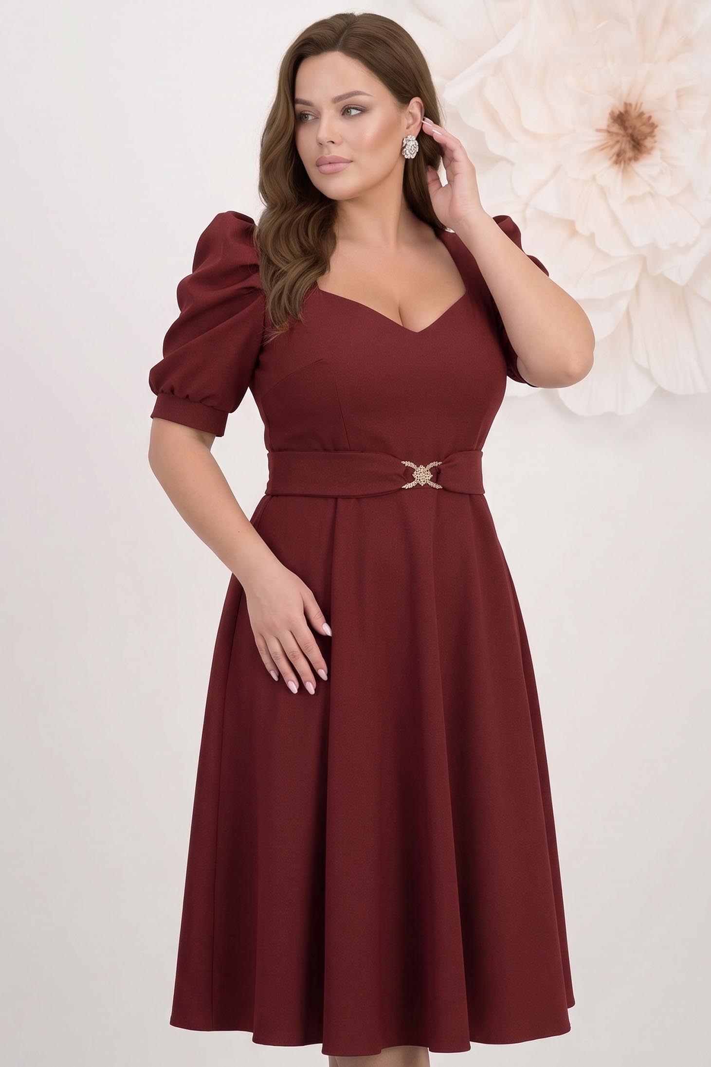 Rochie din stofa elastica cu sclipici visinie midi in clos cu maneci bufante - StarShinerS 2 - StarShinerS.ro