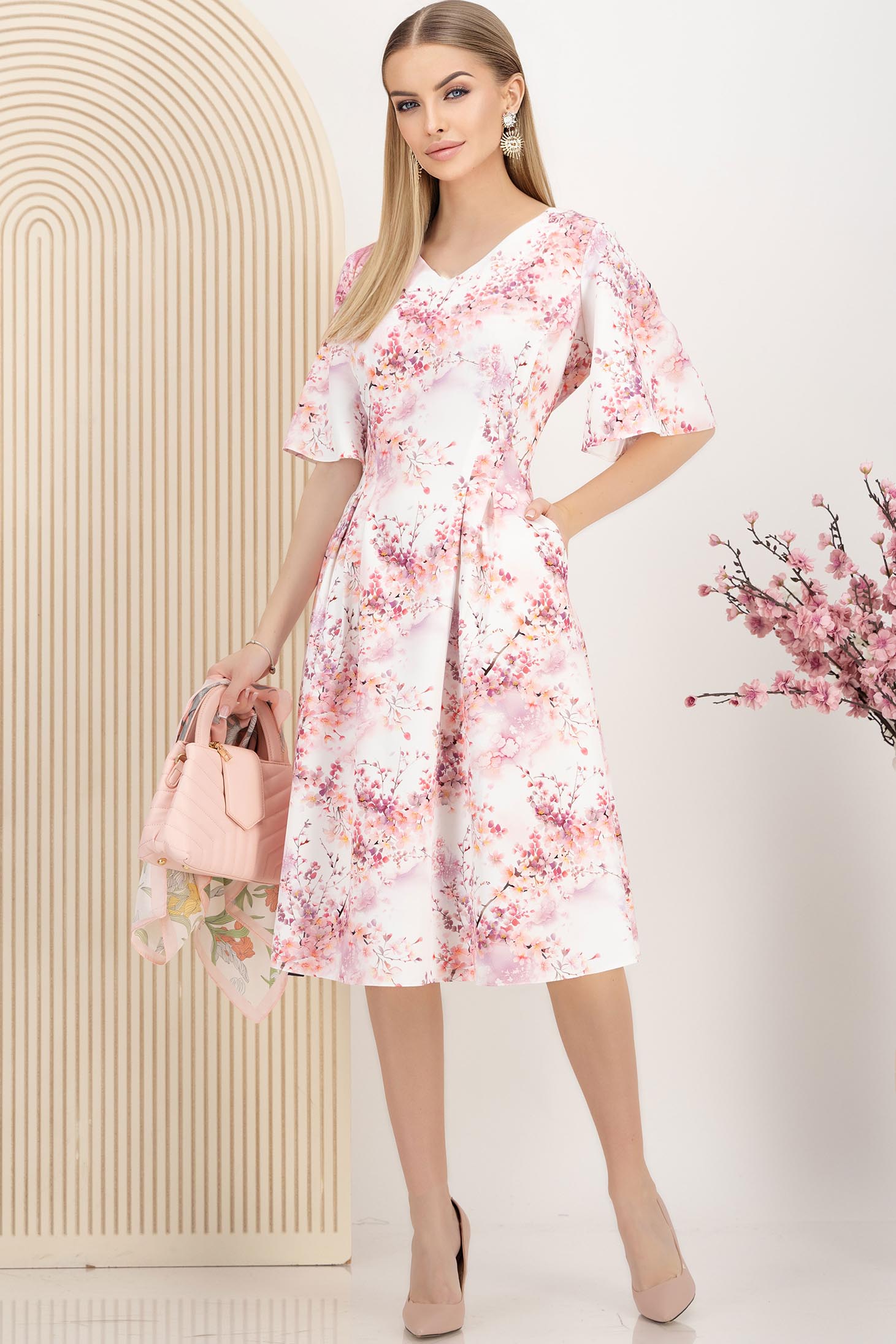 Rochie din stofa elastica roz midi in clos cu buzunare si imprimeu floral 3 - StarShinerS.ro