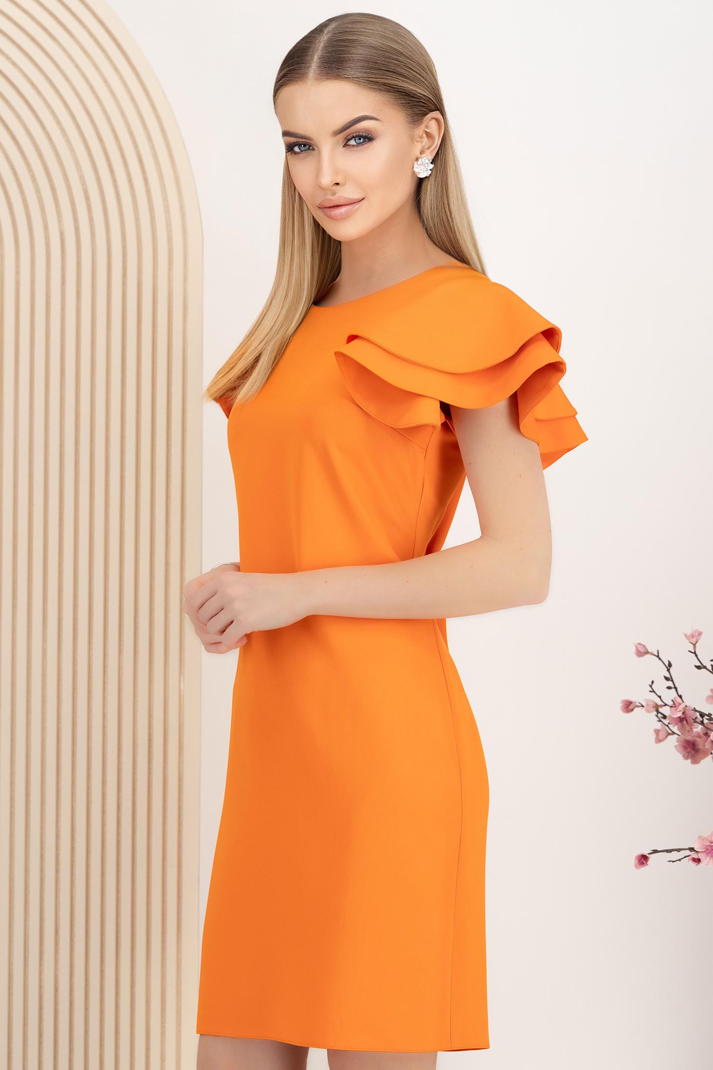 Rochie din stofa elastica portocalie cu un croi drept si volanase la maneca - StarShinerS 3 - StarShinerS.ro
