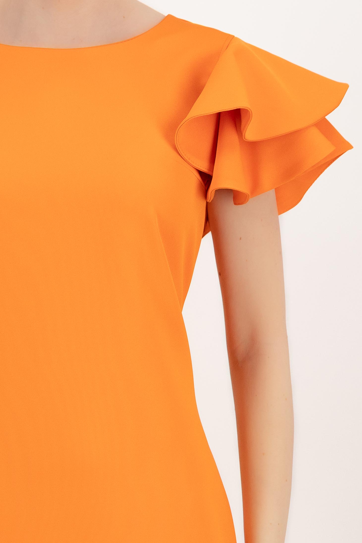 Rochie din stofa elastica portocalie cu un croi drept si volanase la maneca - StarShinerS 6 - StarShinerS.ro
