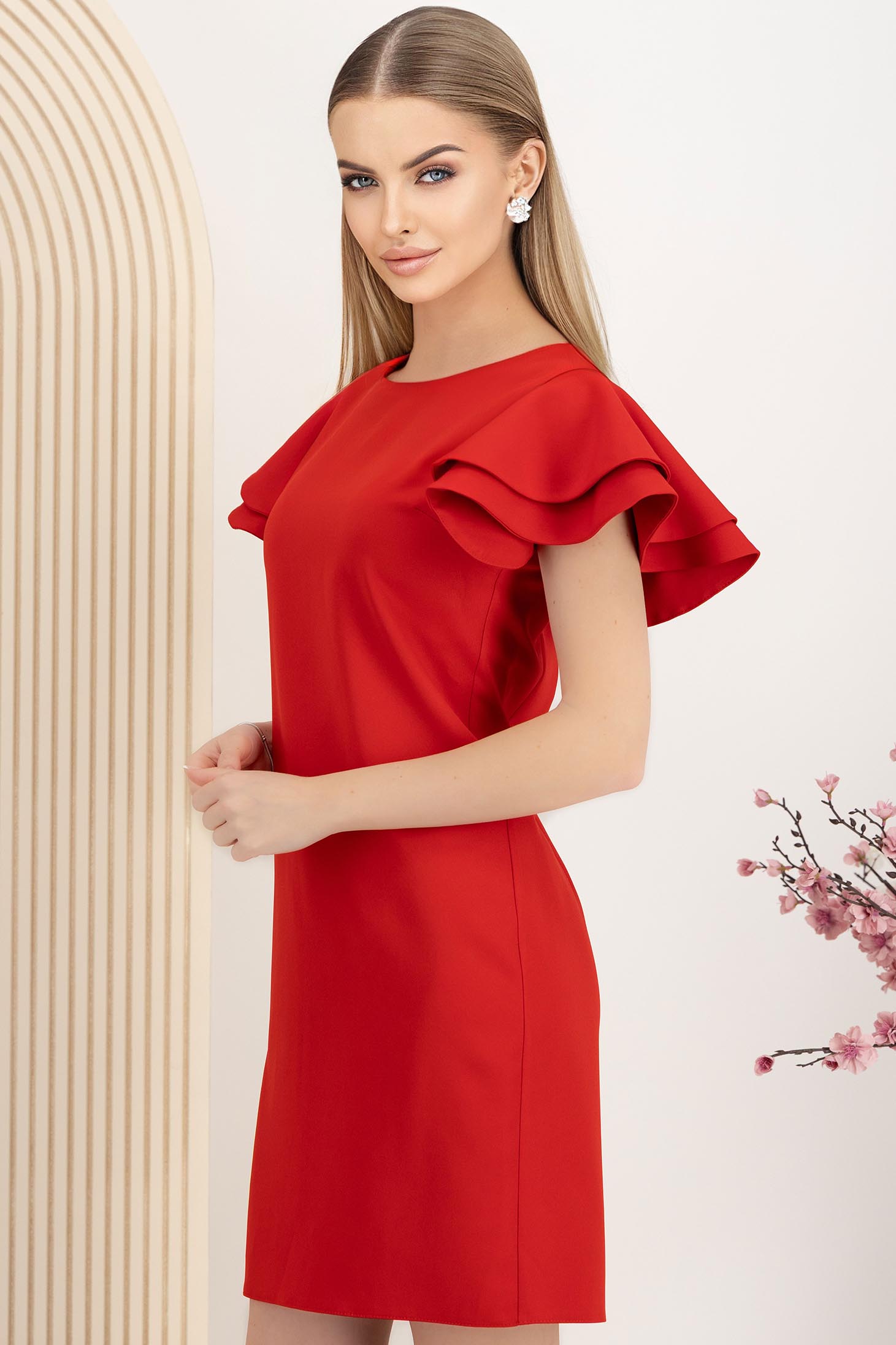 Rochie din stofa elastica rosie cu un croi drept si volanase la maneca - StarShinerS 2 - StarShinerS.ro