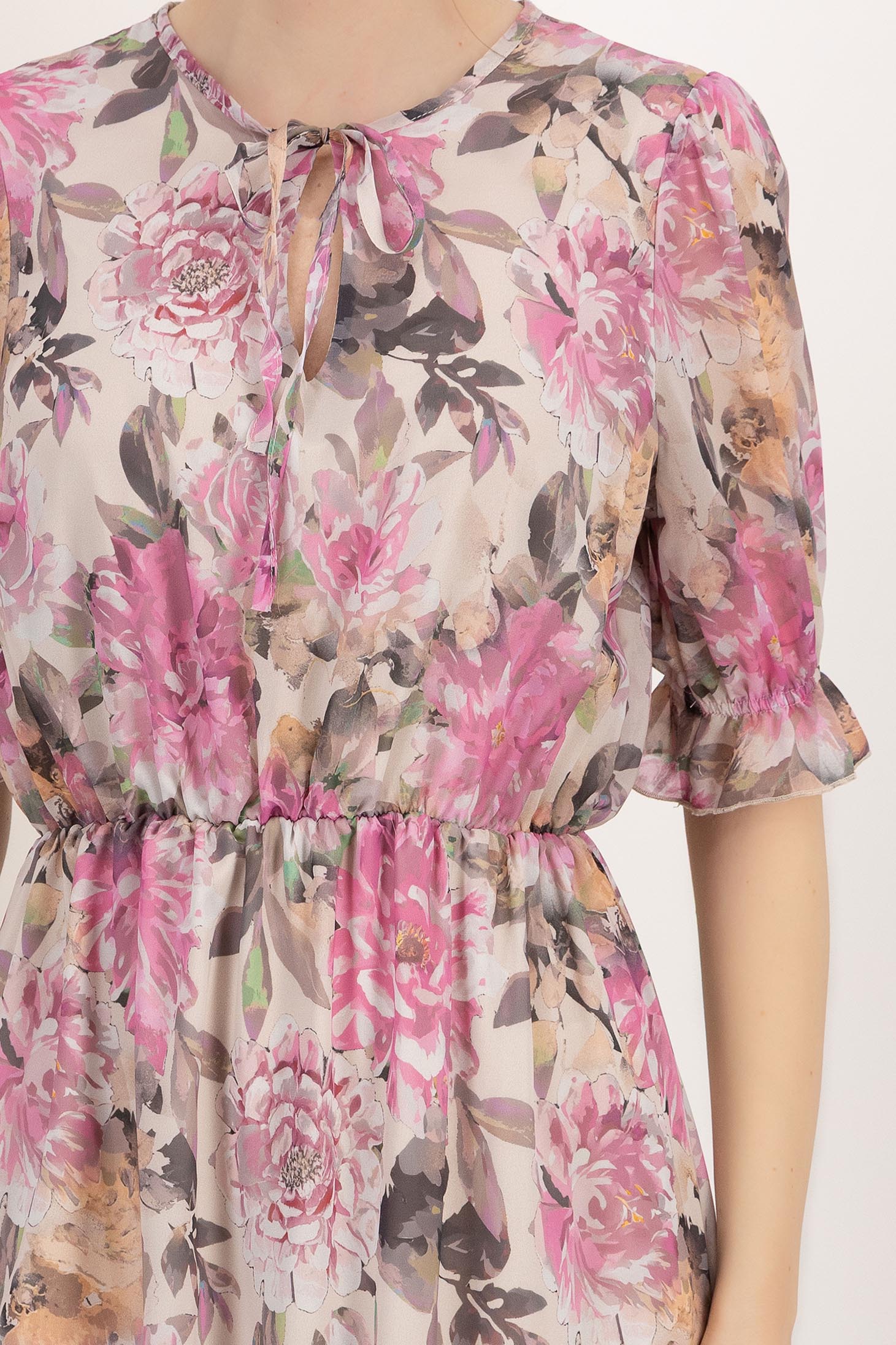 Rochie din voal roz midi in clos cu elastic in talie imprimata floral 5 - StarShinerS.ro