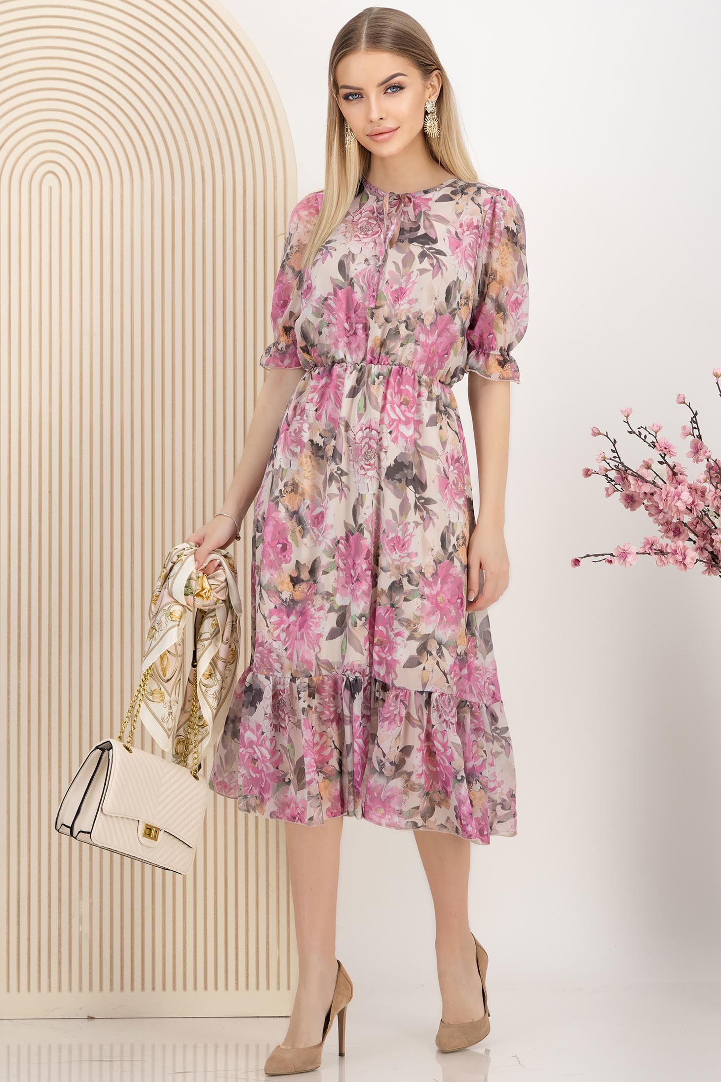 Rochie din voal roz midi in clos cu elastic in talie imprimata floral 3 - StarShinerS.ro