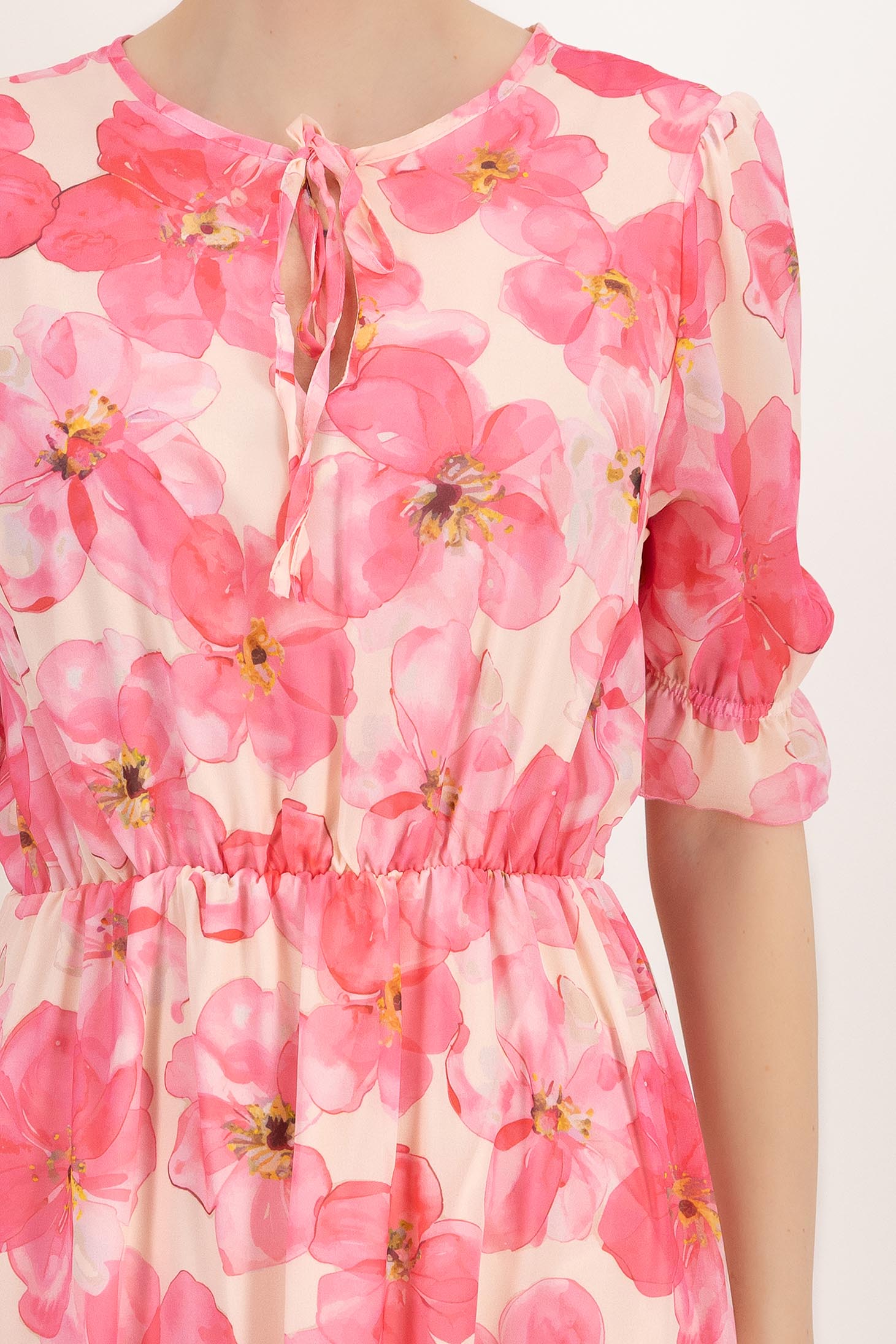 Rochie din voal roz midi in clos cu elastic in talie imprimata floral 6 - StarShinerS.ro