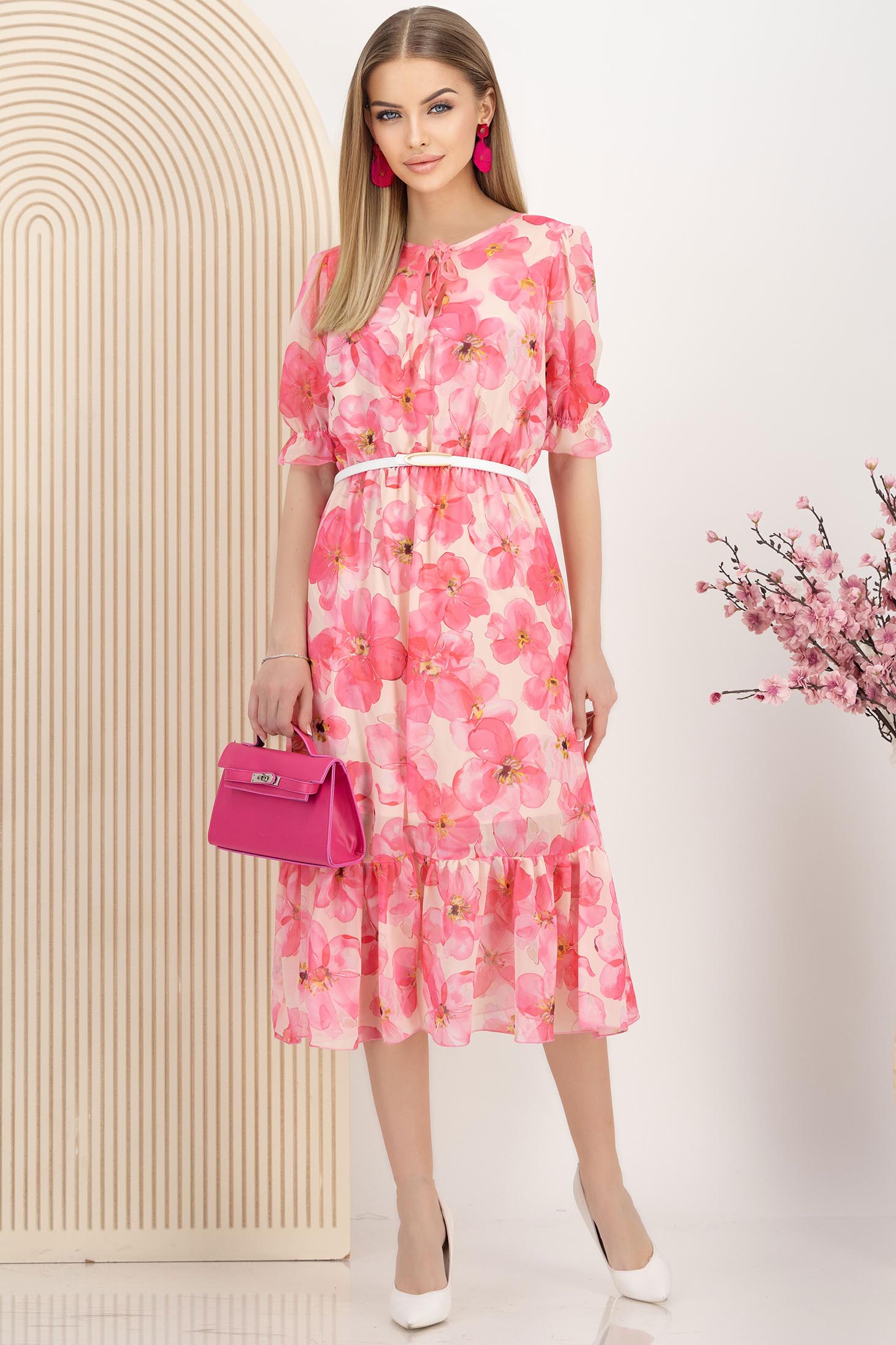 Rochie din voal roz midi in clos cu elastic in talie imprimata floral 3 - StarShinerS.ro