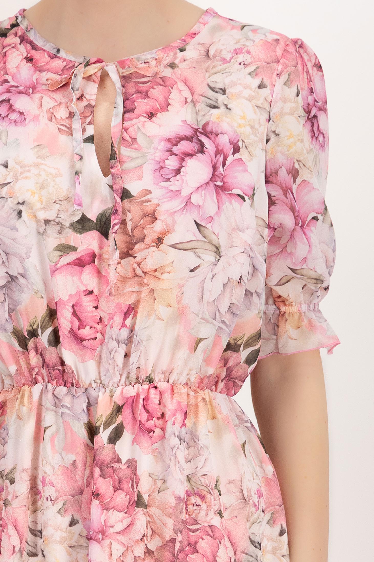 Rochie din voal roz-deschis midi in clos cu elastic in talie imprimata floral 6 - StarShinerS.ro