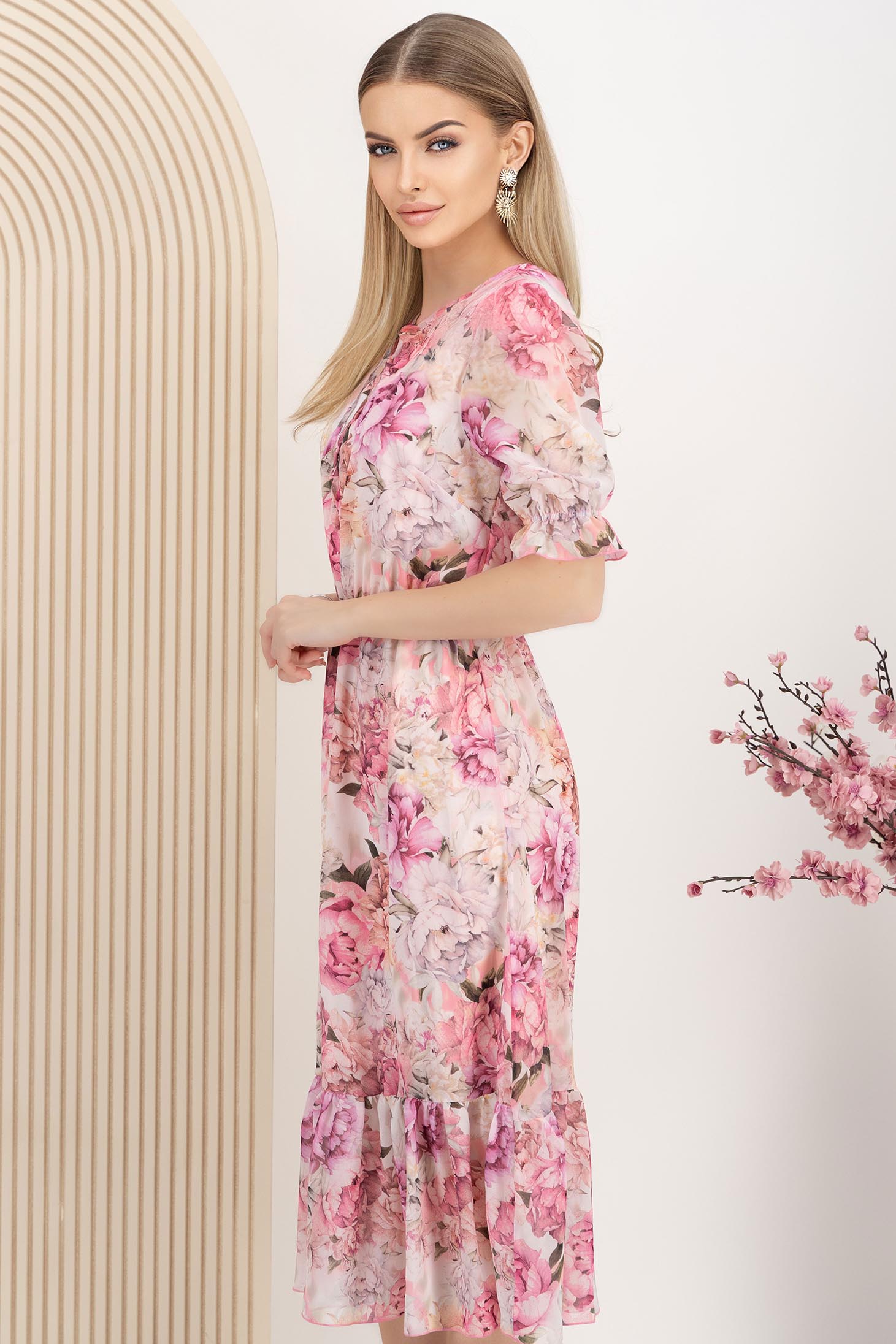 Rochie din voal roz-deschis midi in clos cu elastic in talie imprimata floral 3 - StarShinerS.ro