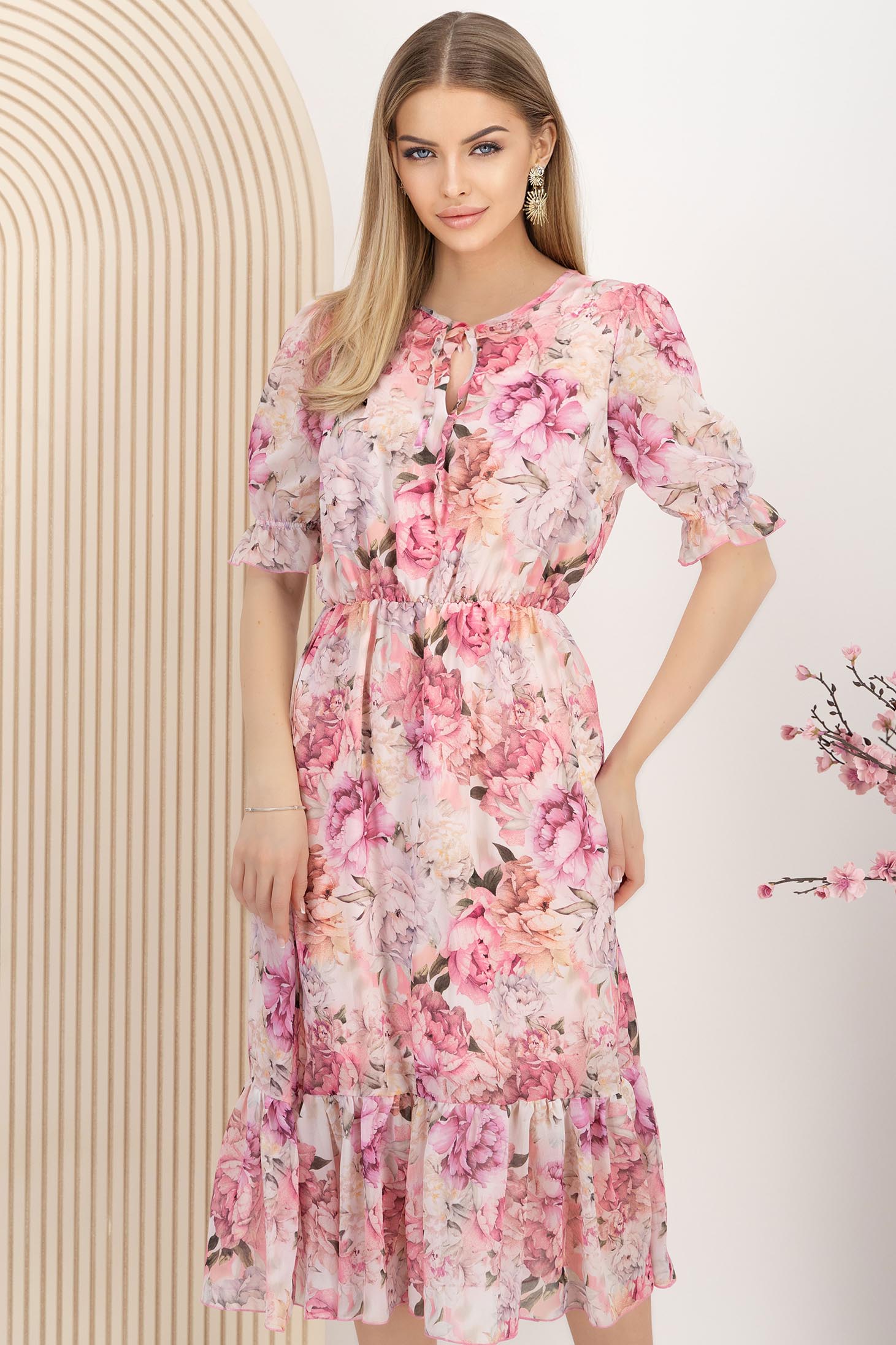 Rochie din voal roz-deschis midi in clos cu elastic in talie imprimata floral 2 - StarShinerS.ro