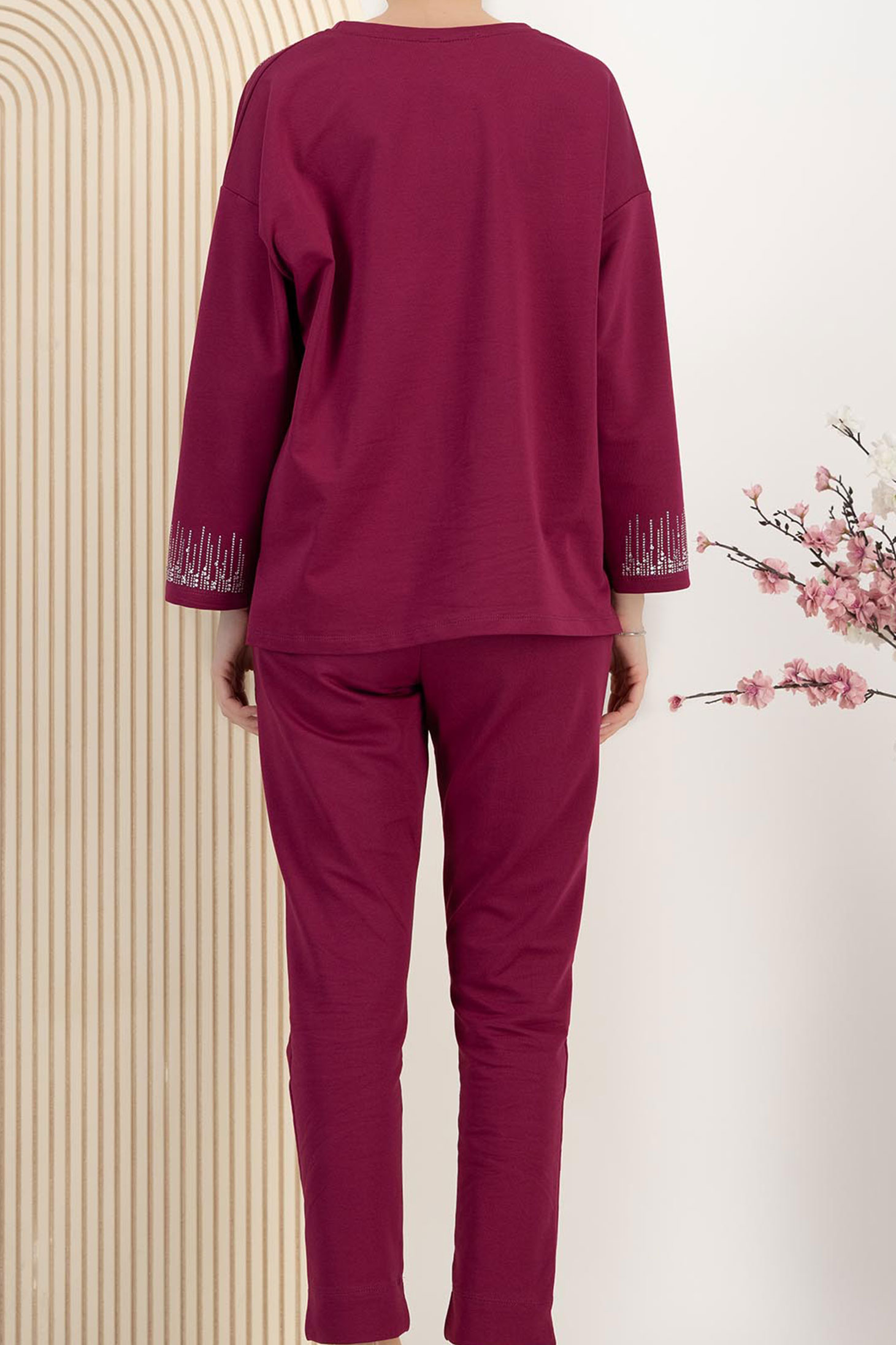 Trening din bumbac zmeura cu croi larg si elastic in talie cu aplicatii stralucitoare 5 - StarShinerS.ro