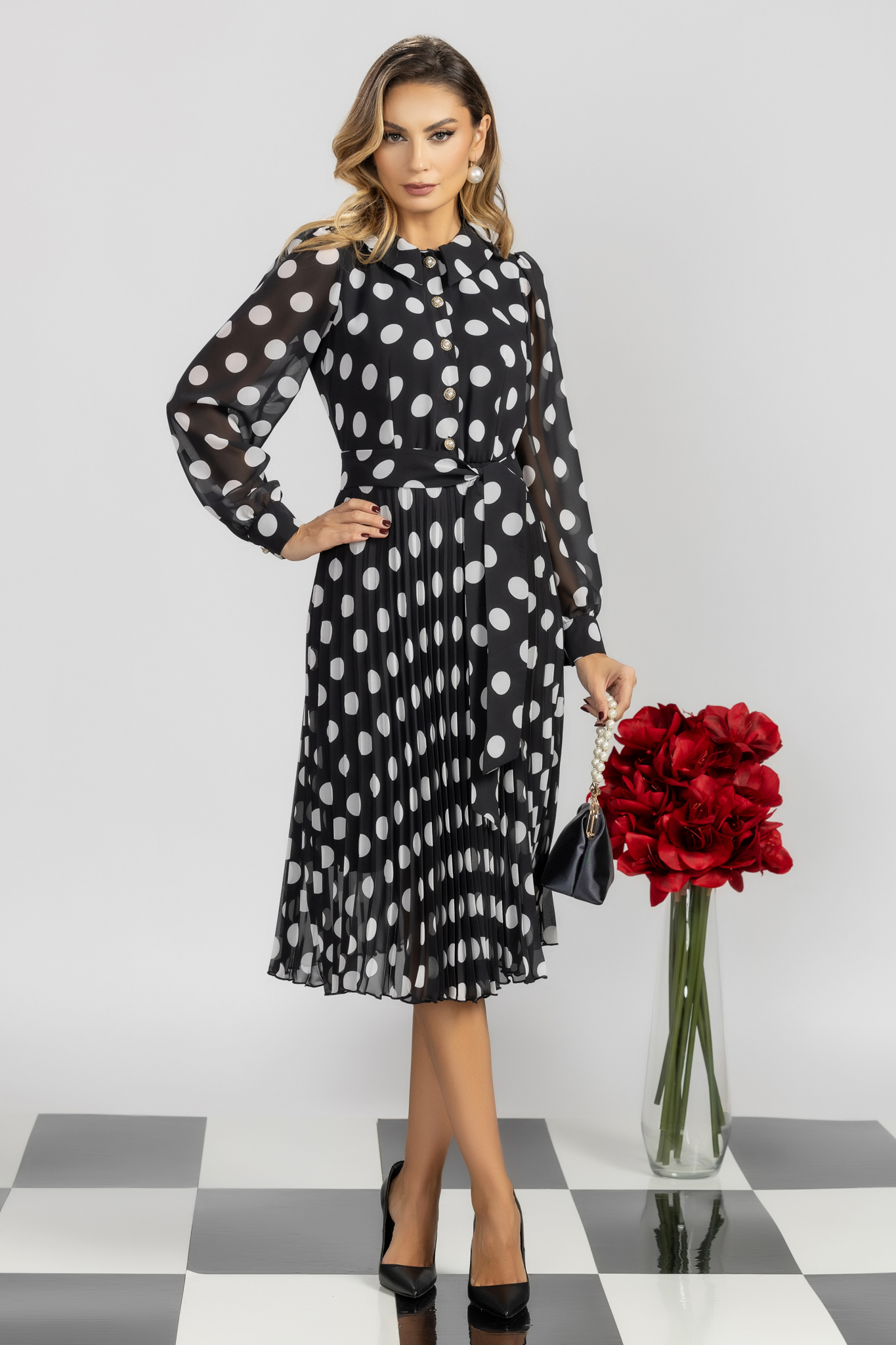 Rochie plisata din voal neagra midi in clos cu elastic in talie 3 - StarShinerS.ro
