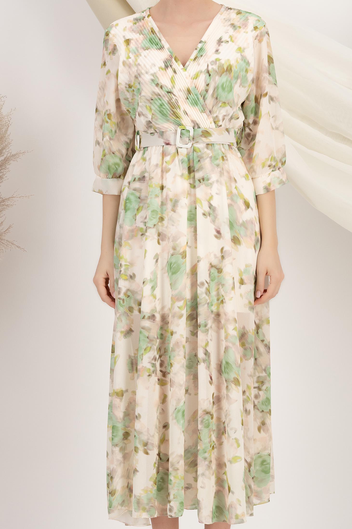 Rochie din voal mint midi in clos cu elastic in talie si accesoriu tip curea 4 - StarShinerS.ro