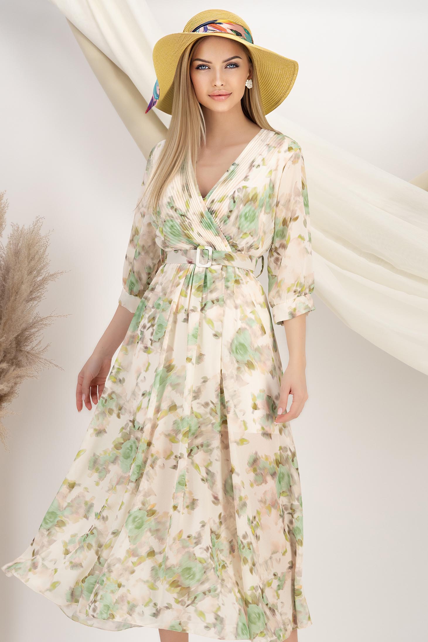 Rochie din voal mint midi in clos cu elastic in talie si accesoriu tip curea 2 - StarShinerS.ro