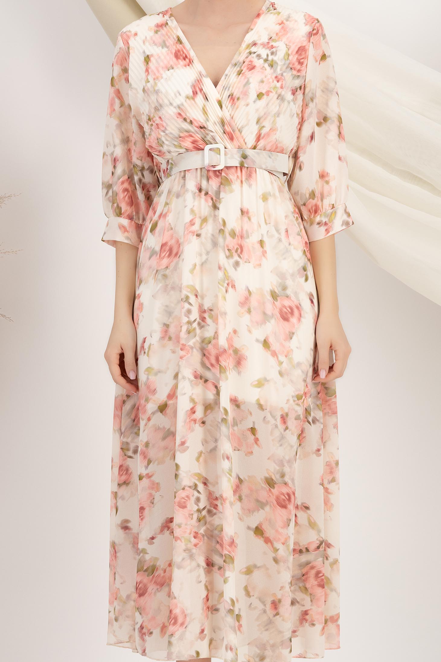 Rochie din voal roz midi in clos cu elastic in talie si accesoriu tip curea 4 - StarShinerS.ro