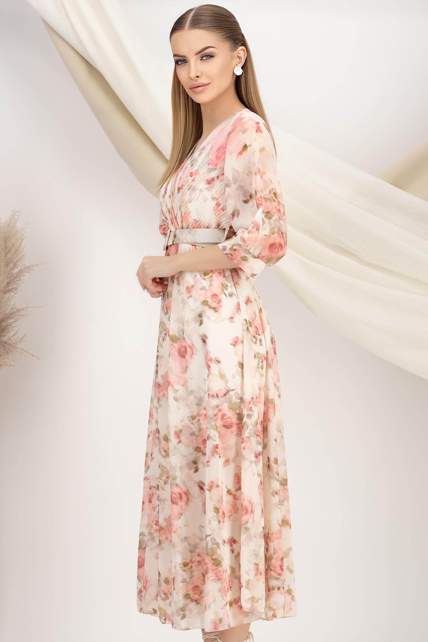 Rochie din voal roz midi in clos cu elastic in talie si accesoriu tip curea 2 - StarShinerS.ro