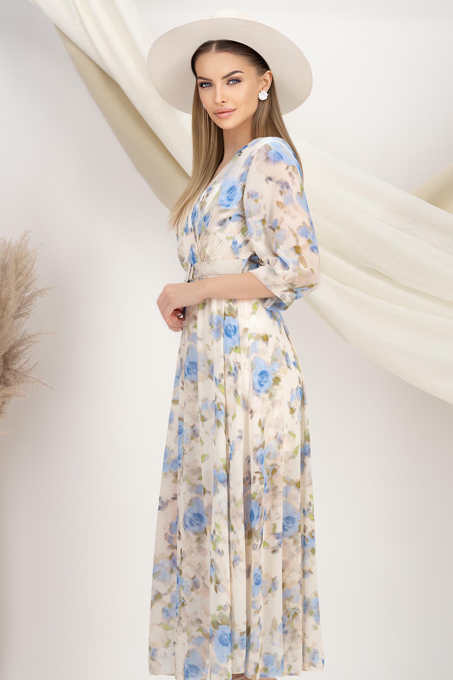 Rochie din voal albastra midi in clos cu elastic in talie si accesoriu tip curea 2 - StarShinerS.ro