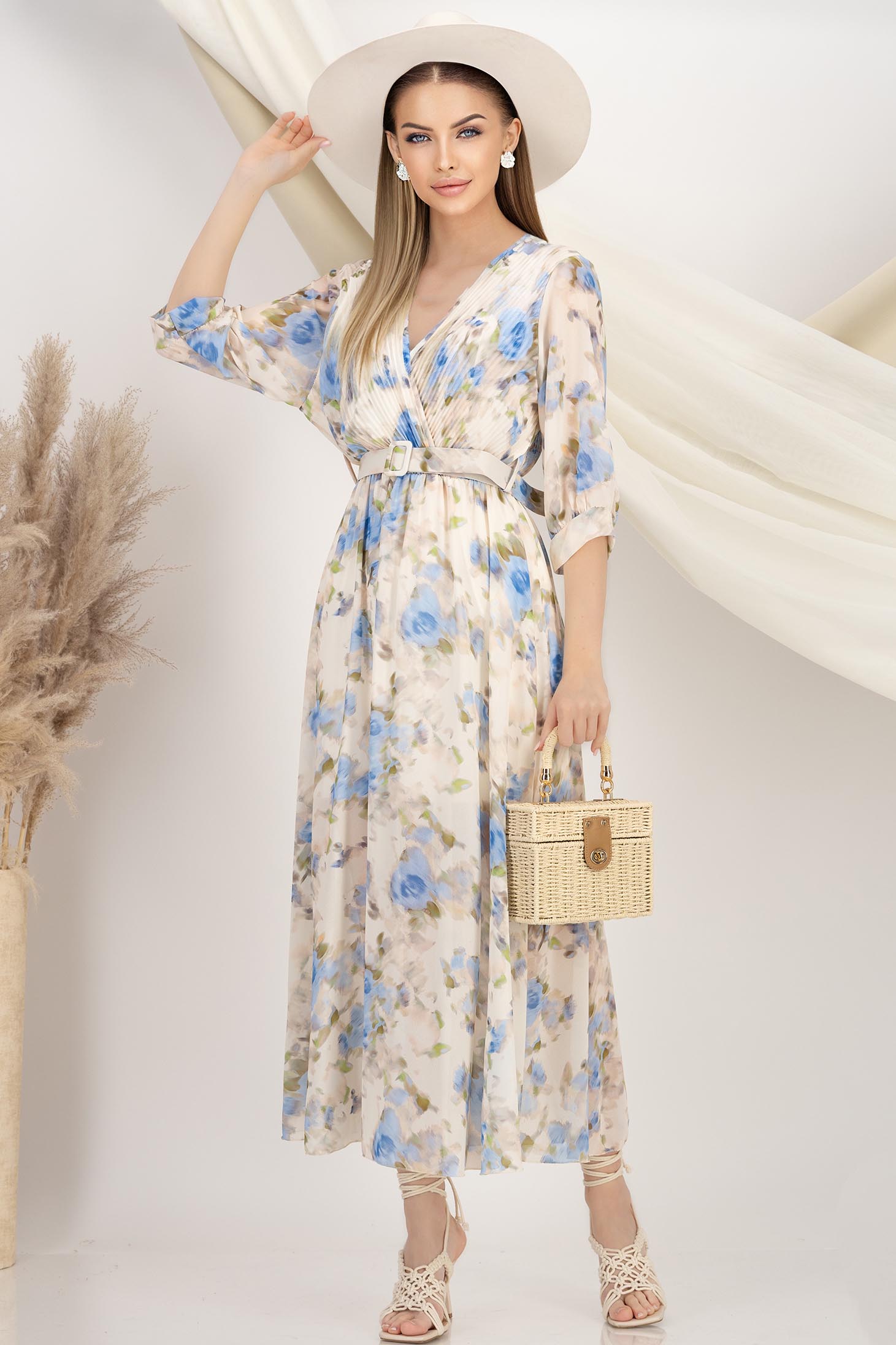 Rochie din voal albastra midi in clos cu elastic in talie si accesoriu tip curea 3 - StarShinerS.ro