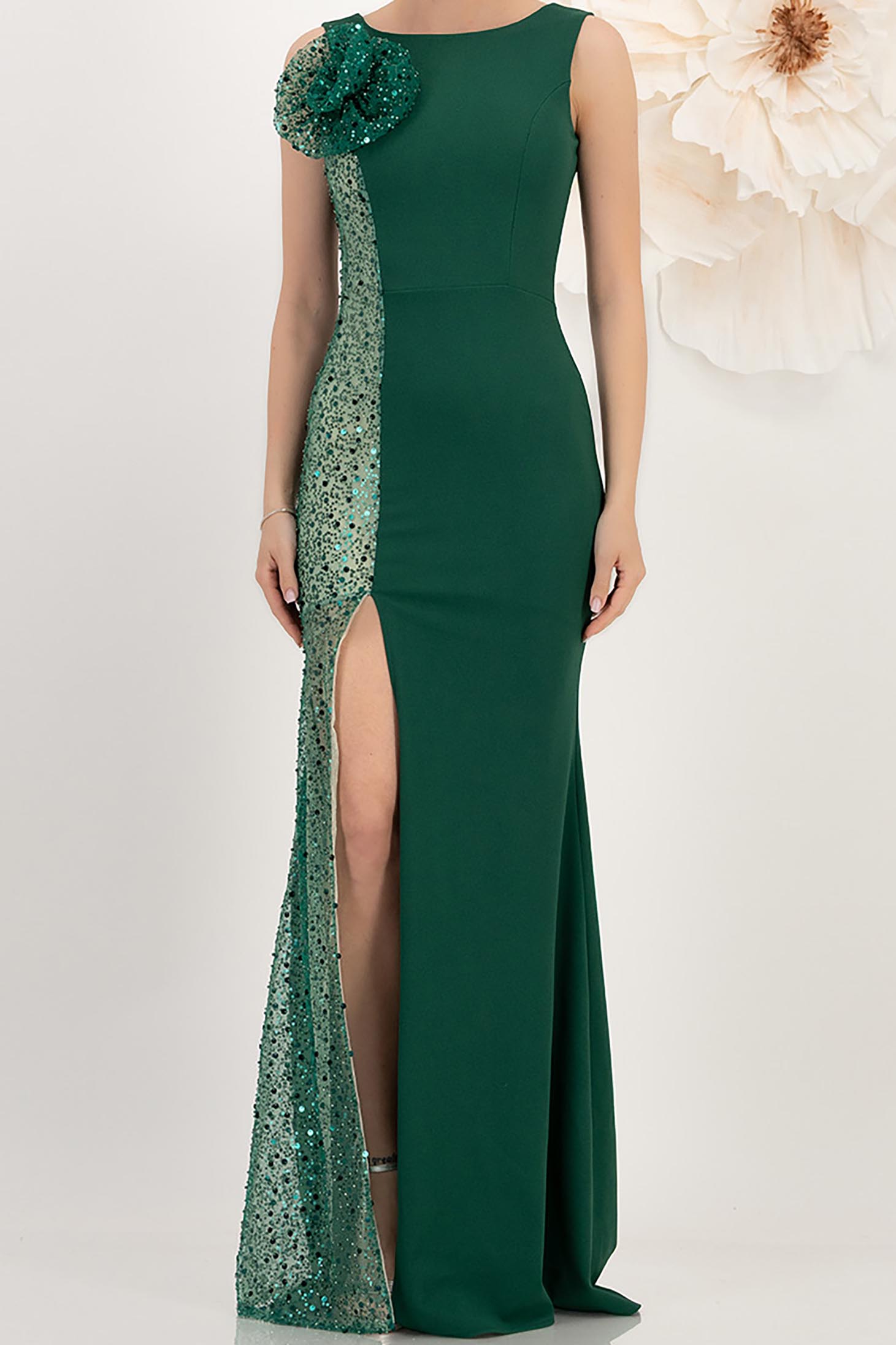 Rochie tip sirena din crep si paiete verde cu detaliu pe umar - StarShinerS 4 - StarShinerS.ro