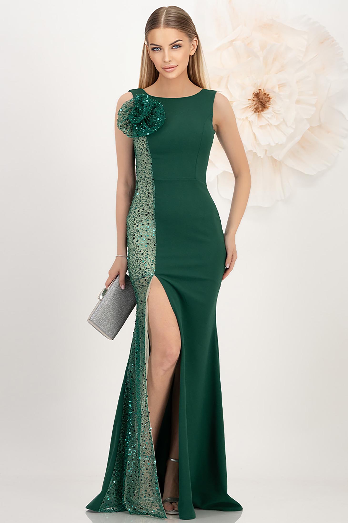 Rochie tip sirena din crep si paiete verde cu detaliu pe umar - StarShinerS 3 - StarShinerS.ro