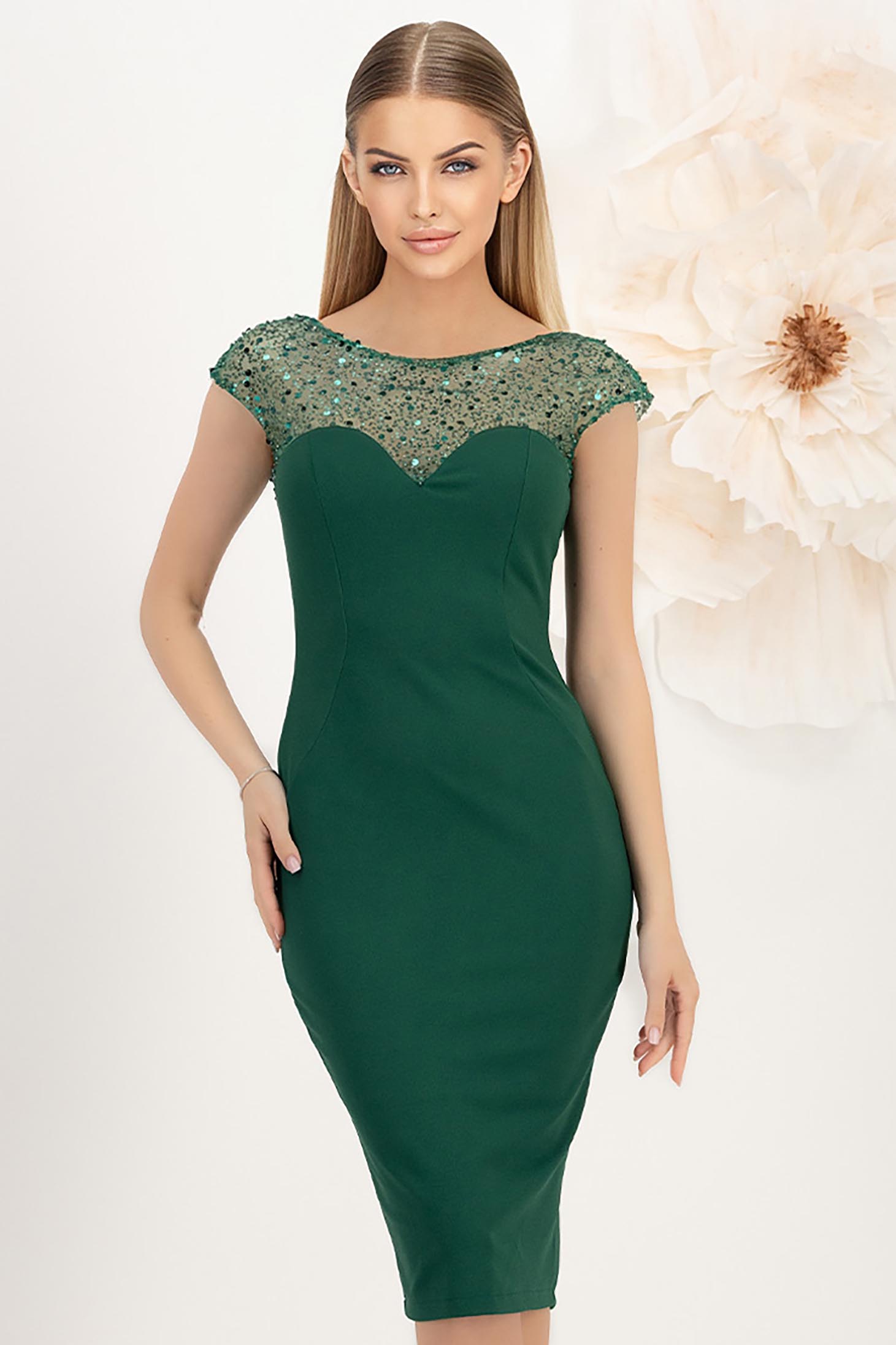 Rochie din crep si paiete verde-inchis midi tip creion cu decolteu in v la spate - StarShinerS 2 - StarShinerS.ro