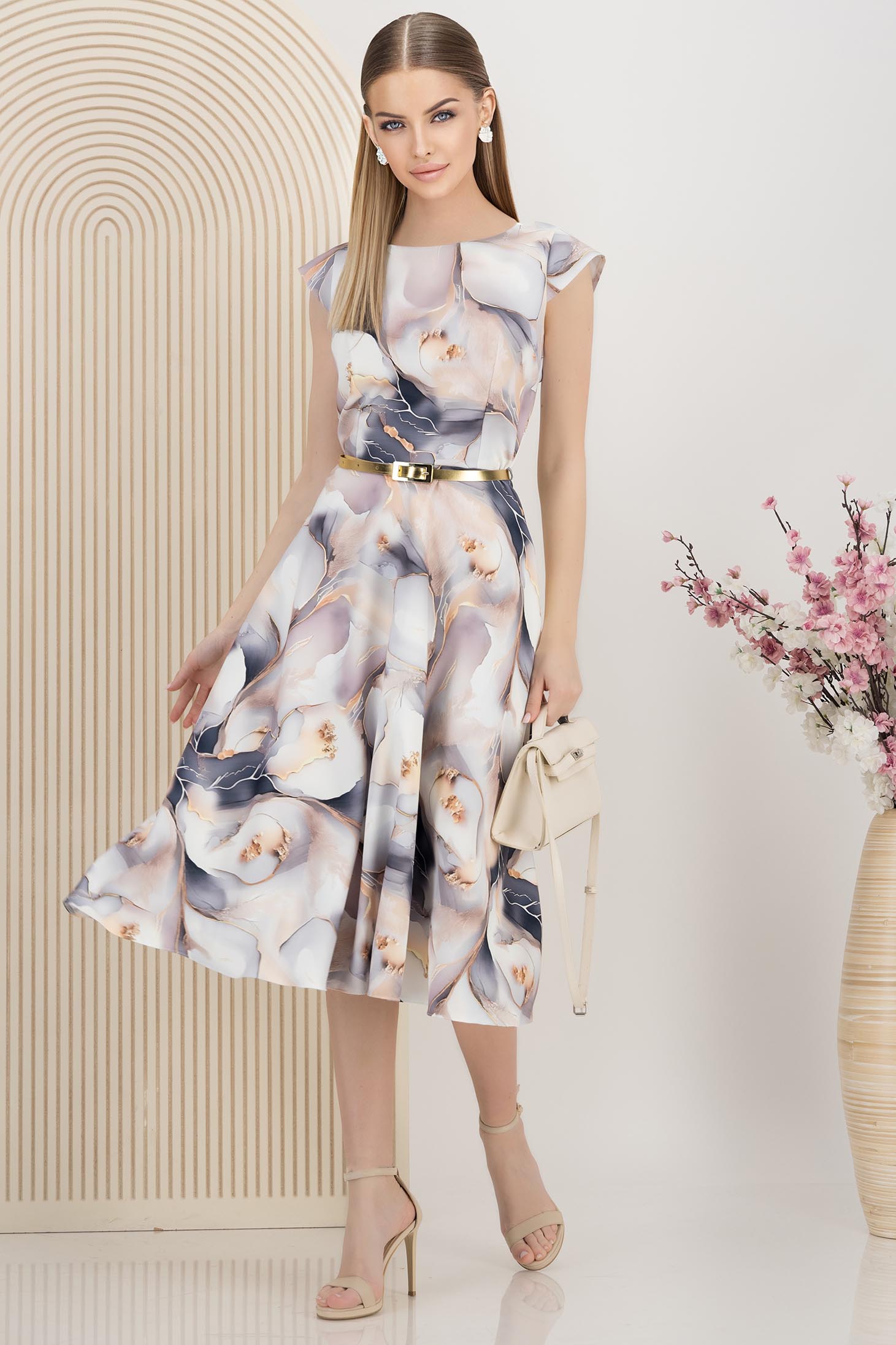 Rochie din stofa elastica midi in clos cu accesoriu tip curea si buzunare laterale 3 - StarShinerS.ro