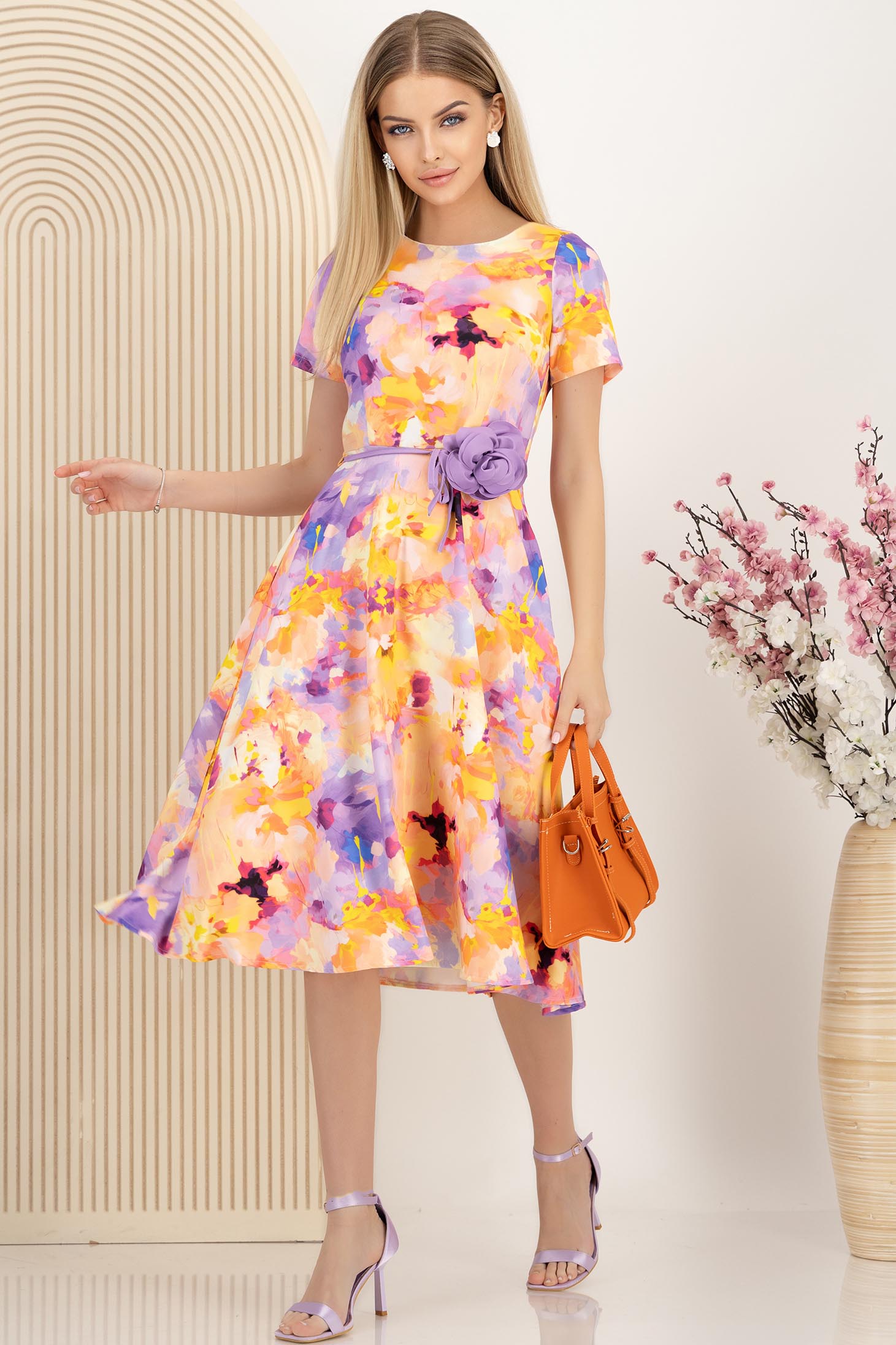 Rochie din stofa elastica multicolora midi in clos accesorizata cu cordon si buzunare laterale 4 - StarShinerS.ro