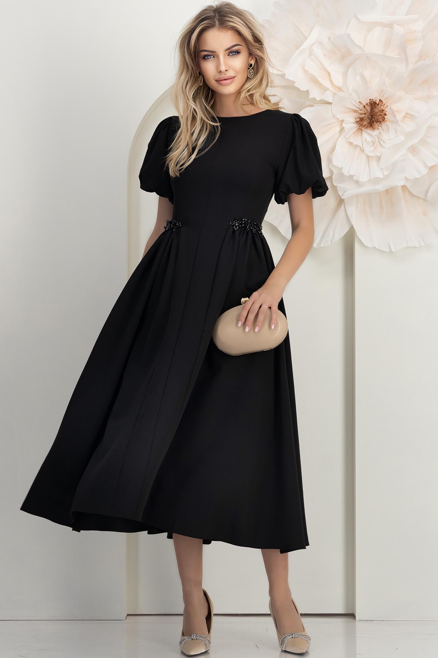 StarShinerS.ro Rochie din stofa elastica neagra midi in clos cu maneci bufante si aplicatii stralucitoare - StarShinerS