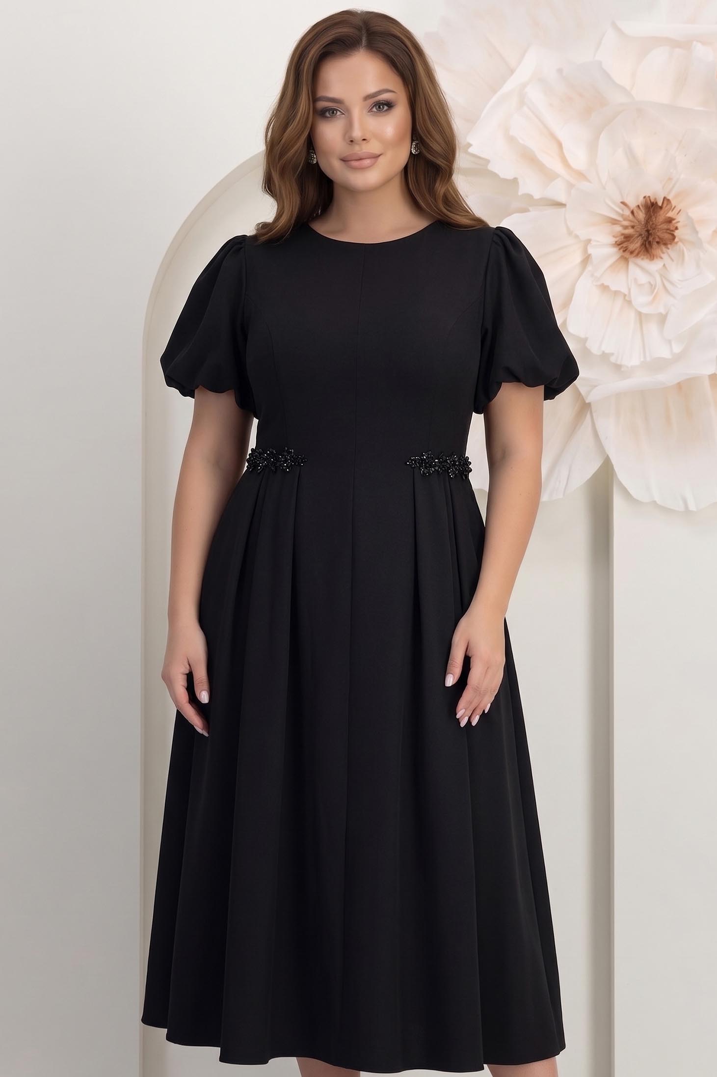 Rochie din stofa elastica neagra midi in clos cu maneci bufante si aplicatii stralucitoare - StarShinerS 1 - StarShinerS.ro