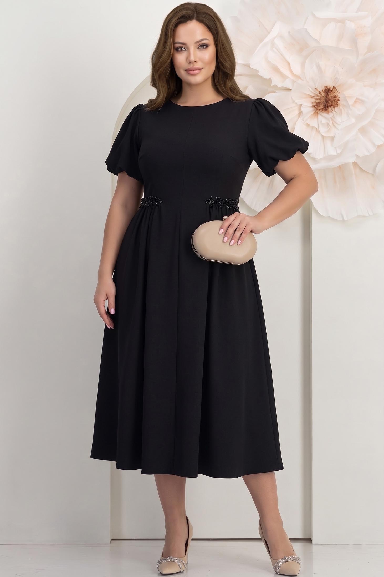 Rochie din stofa elastica neagra midi in clos cu maneci bufante si aplicatii stralucitoare - StarShinerS 3 - StarShinerS.ro