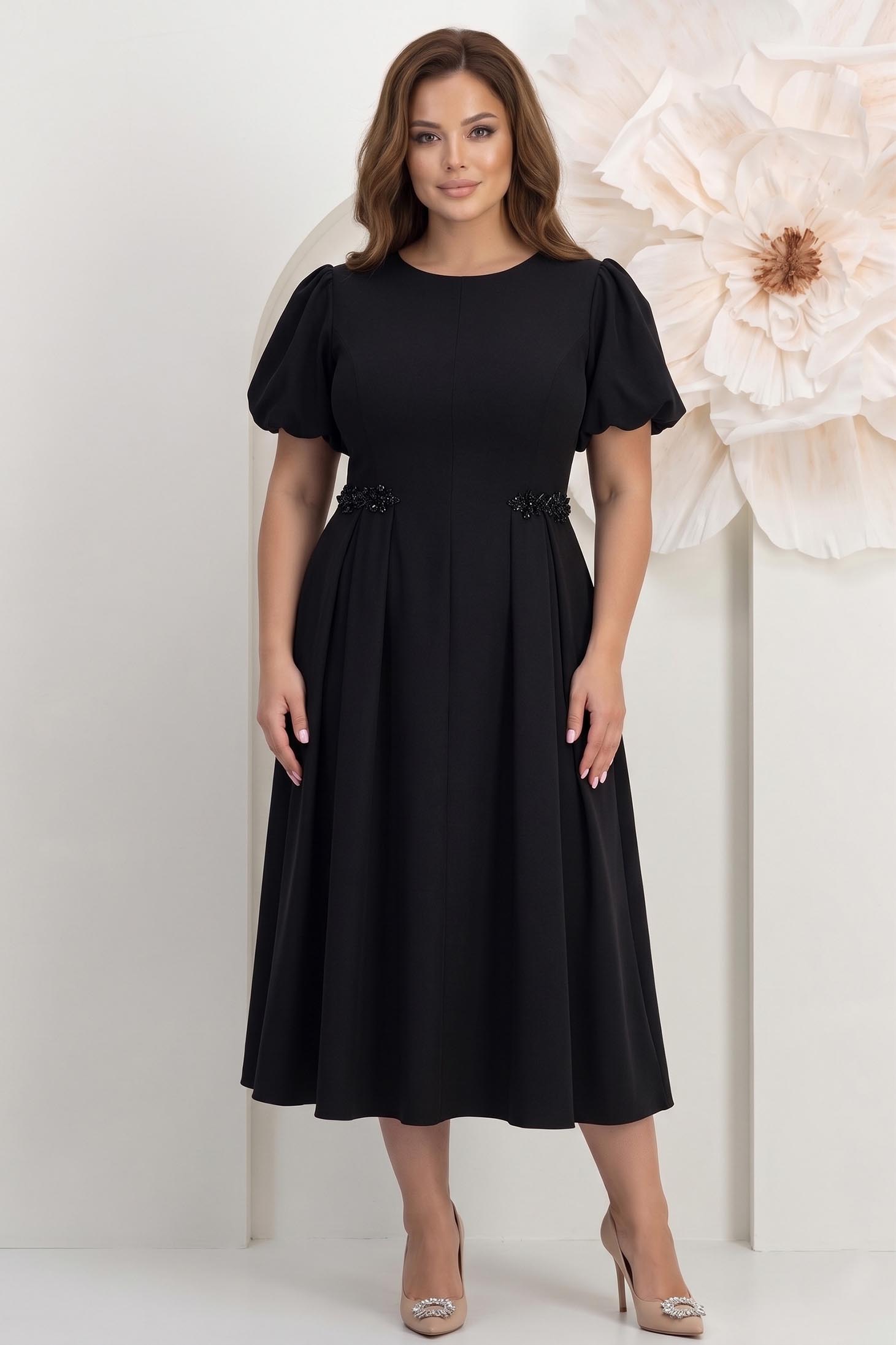 Rochie din stofa elastica neagra midi in clos cu maneci bufante si aplicatii stralucitoare - StarShinerS 2 - StarShinerS.ro