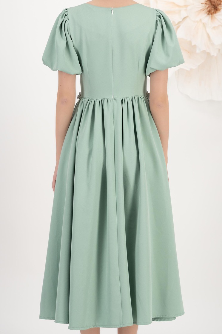 Rochie din stofa elastica mint midi in clos cu maneci bufante si aplicatii stralucitoare - StarShinerS 3 - StarShinerS.ro