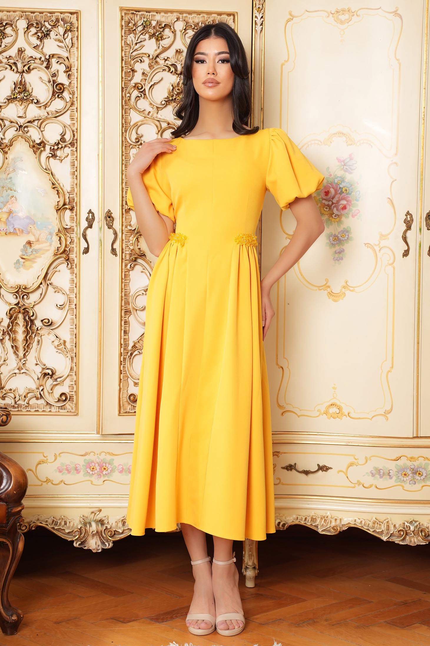 Rochie din stofa elastica galbena midi in clos cu maneci bufante si aplicatii stralucitoare - StarShinerS 4 - StarShinerS.ro