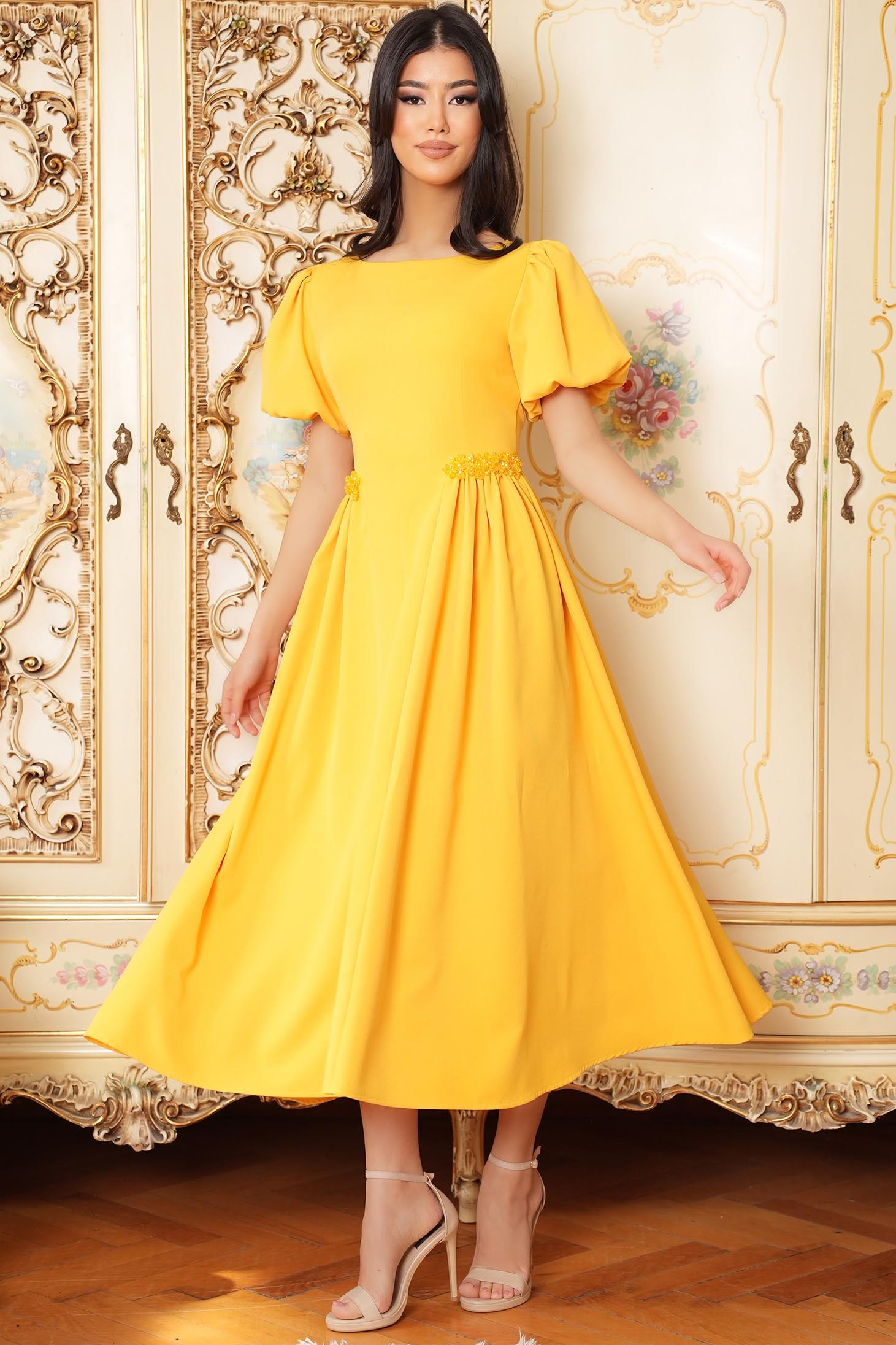 Rochie din stofa elastica galbena midi in clos cu maneci bufante si aplicatii stralucitoare - StarShinerS 2 - StarShinerS.ro