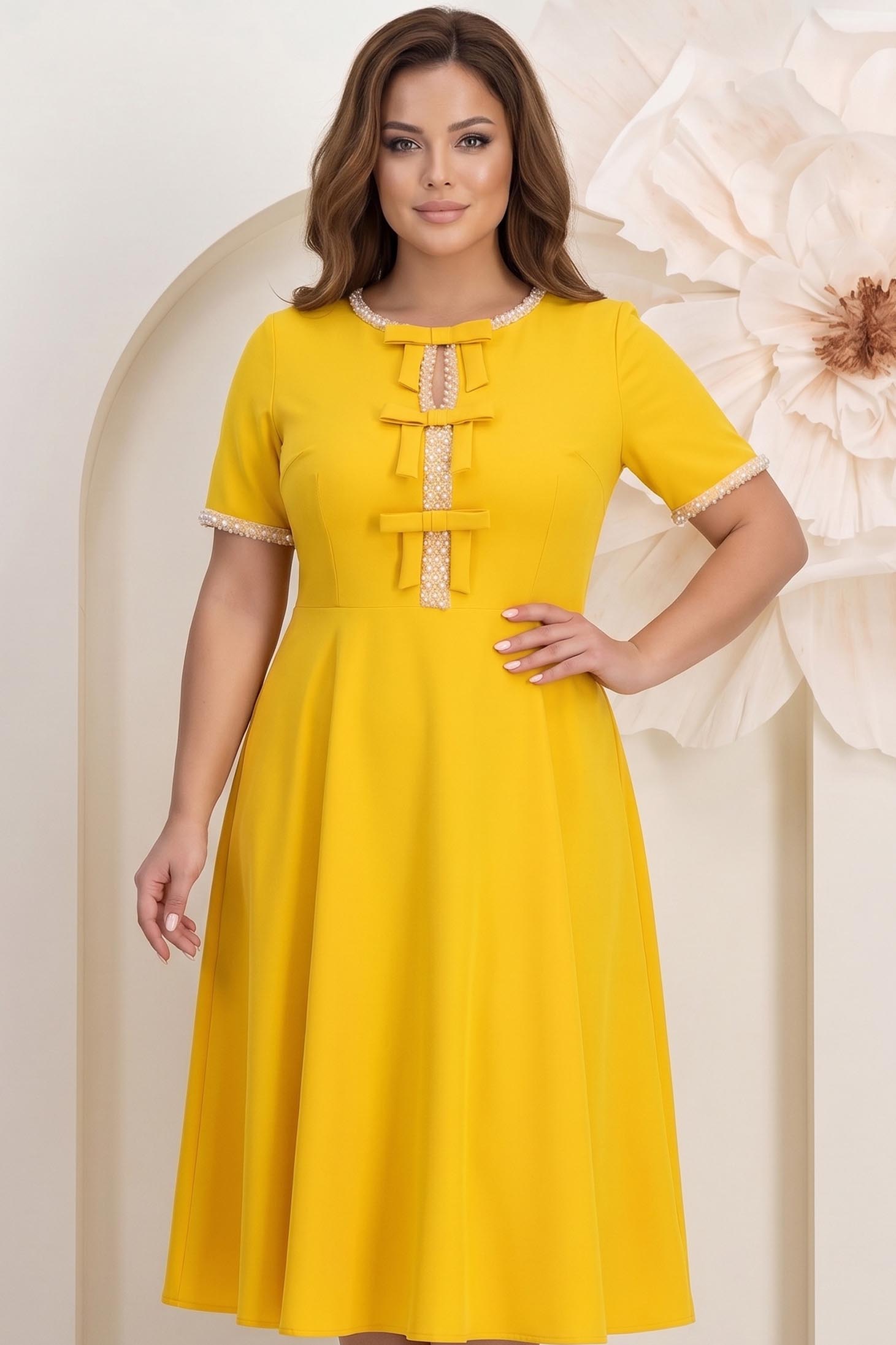 Rochie galbena midi in clos cu fundite,perle si pietre strass - StarShinerS 1 - StarShinerS.ro