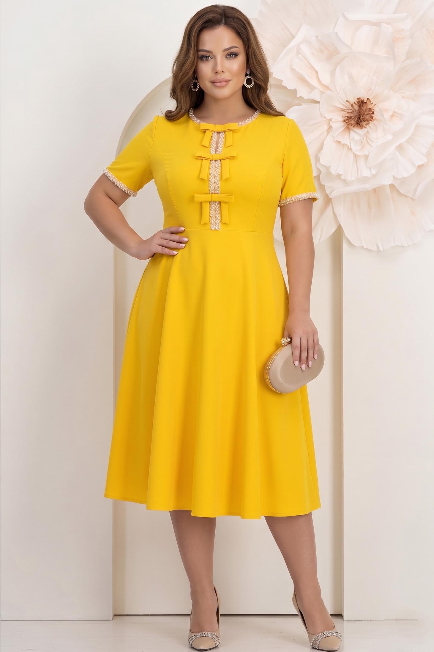 Rochie galbena midi in clos cu fundite,perle si pietre strass - StarShinerS 2 - StarShinerS.ro
