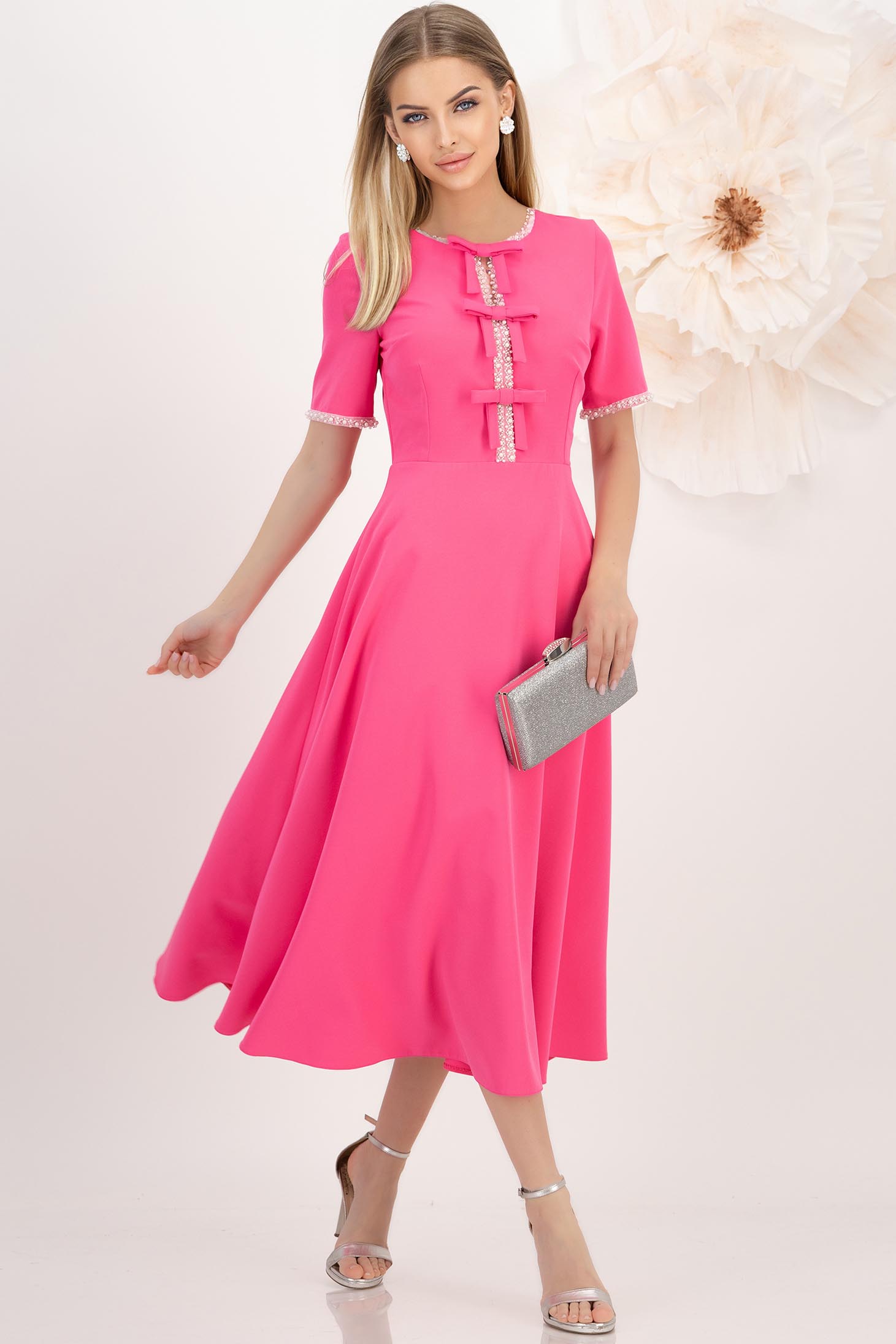 StarShinerS.ro Rochie din stofa roz midi in clos cu fundite,perle si pietre strass - StarShinerS