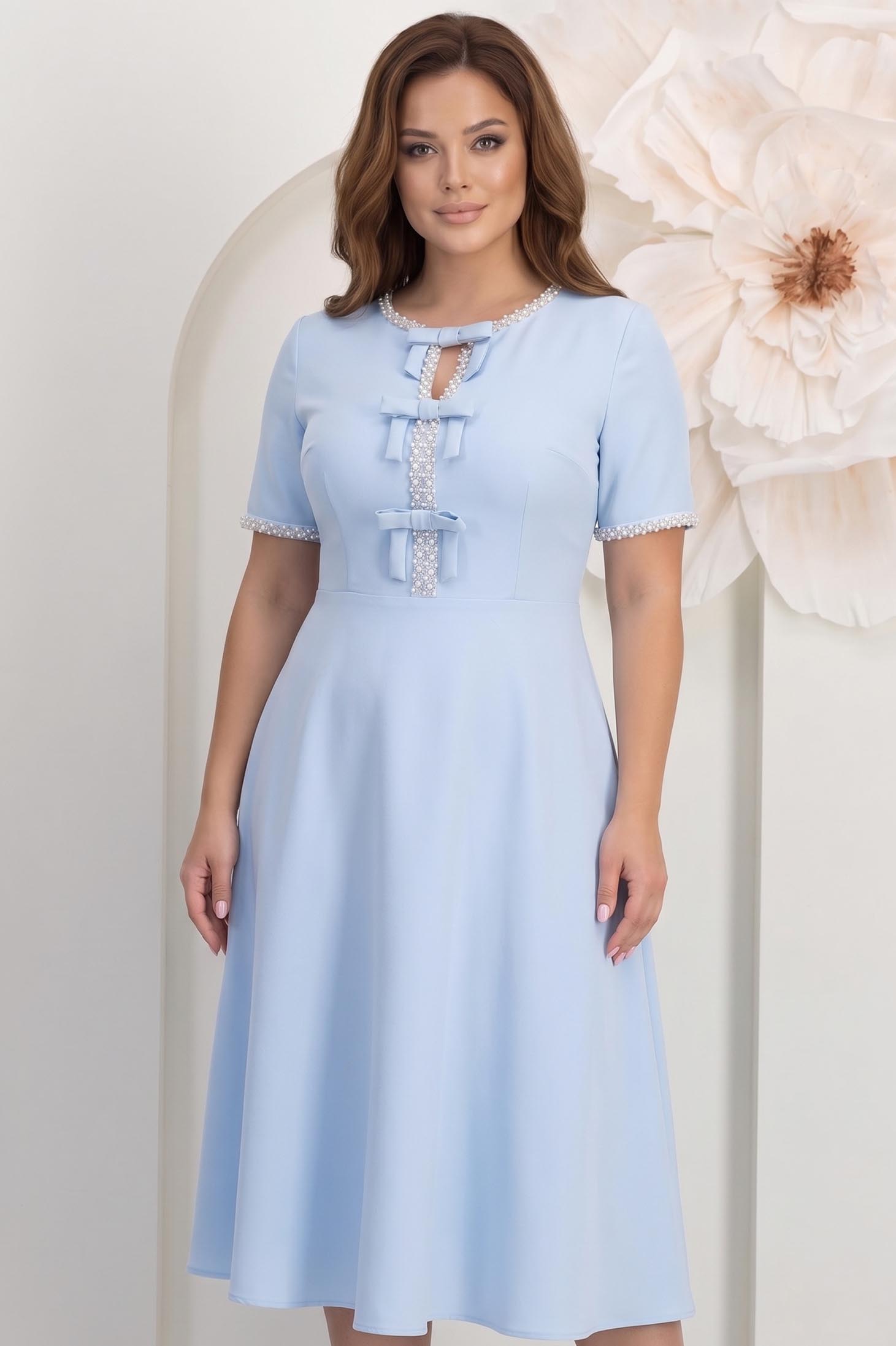 Rochie albastru-deschis midi in clos cu fundite ,perle si pietre strass- StarShinerS 1 - StarShinerS.ro