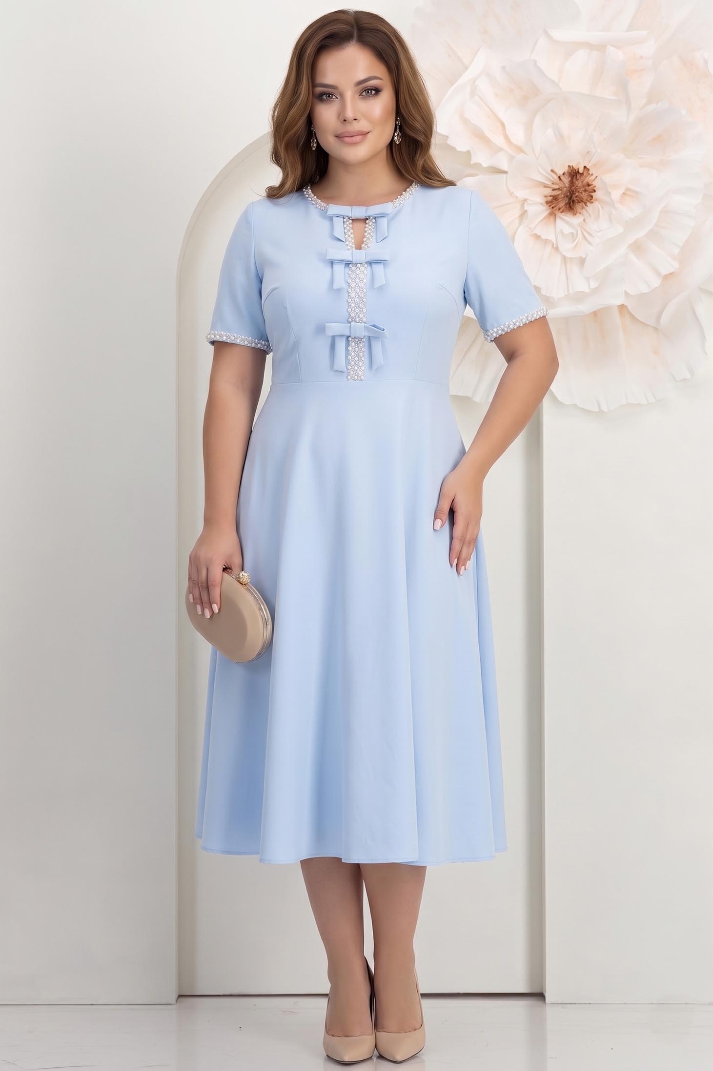 Rochie albastru-deschis midi in clos cu fundite ,perle si pietre strass- StarShinerS 2 - StarShinerS.ro