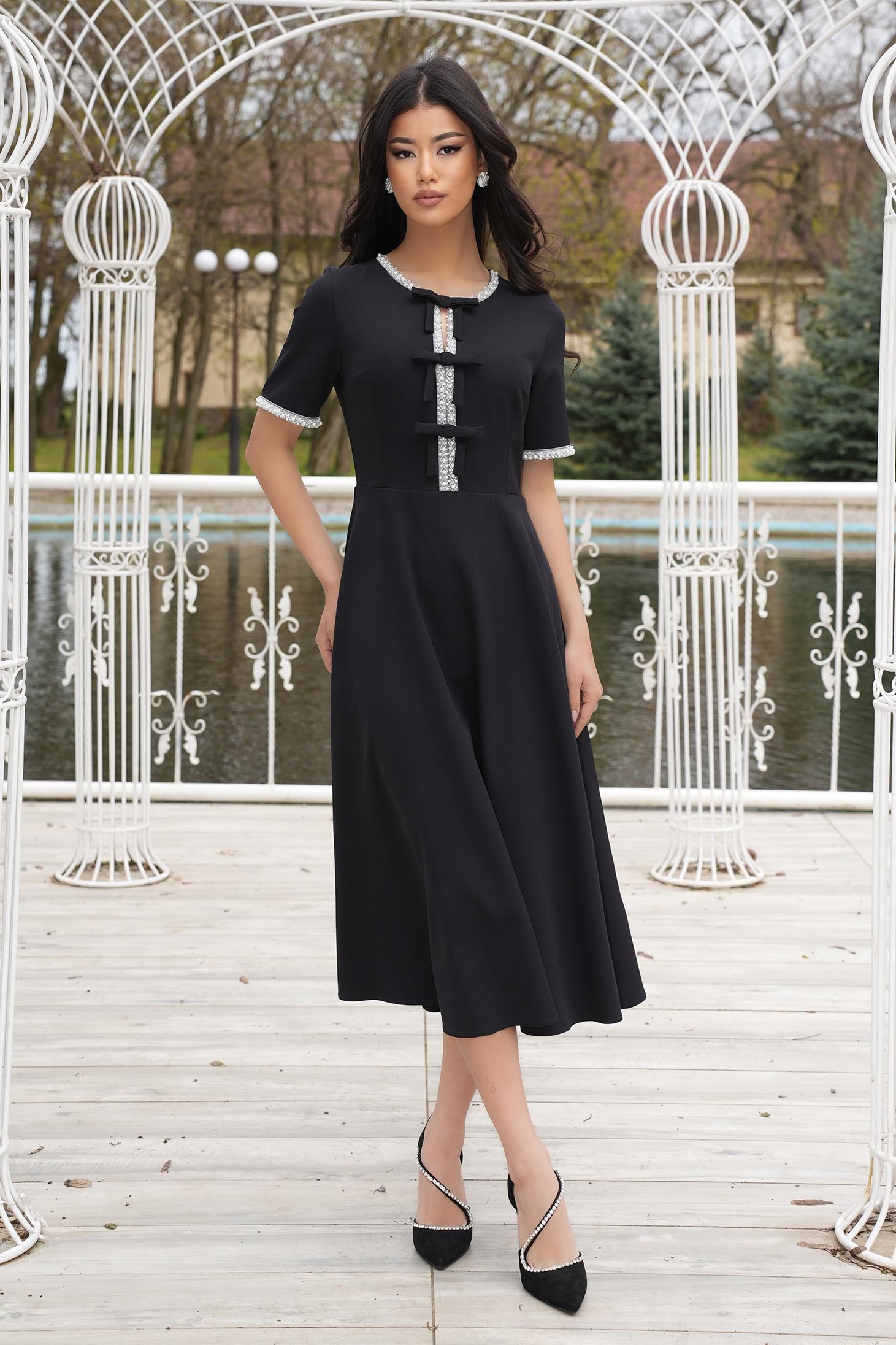 Rochie din stofa elastica neagra midi in clos accesorizata cu fundite si pietre strass - StarShinerS 2 - StarShinerS.ro