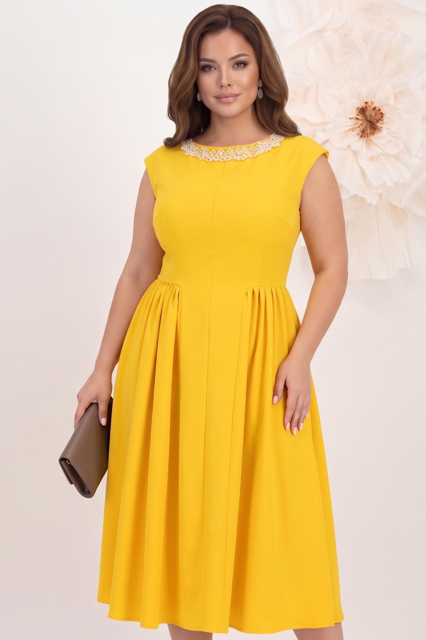 Rochie din stofa elastica galbena midi in clos cu aplicatii stralucitoare frontale - StarShinerS 1 - StarShinerS.ro