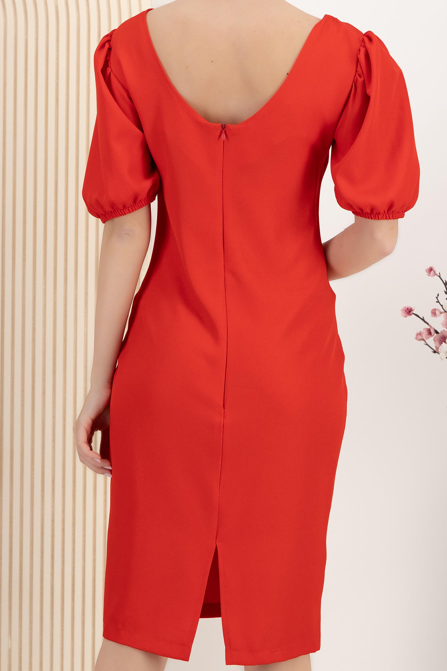 Rochie din crep subtire rosie midi cu un croi drept si maneci bufante - StarShinerS 5 - StarShinerS.ro