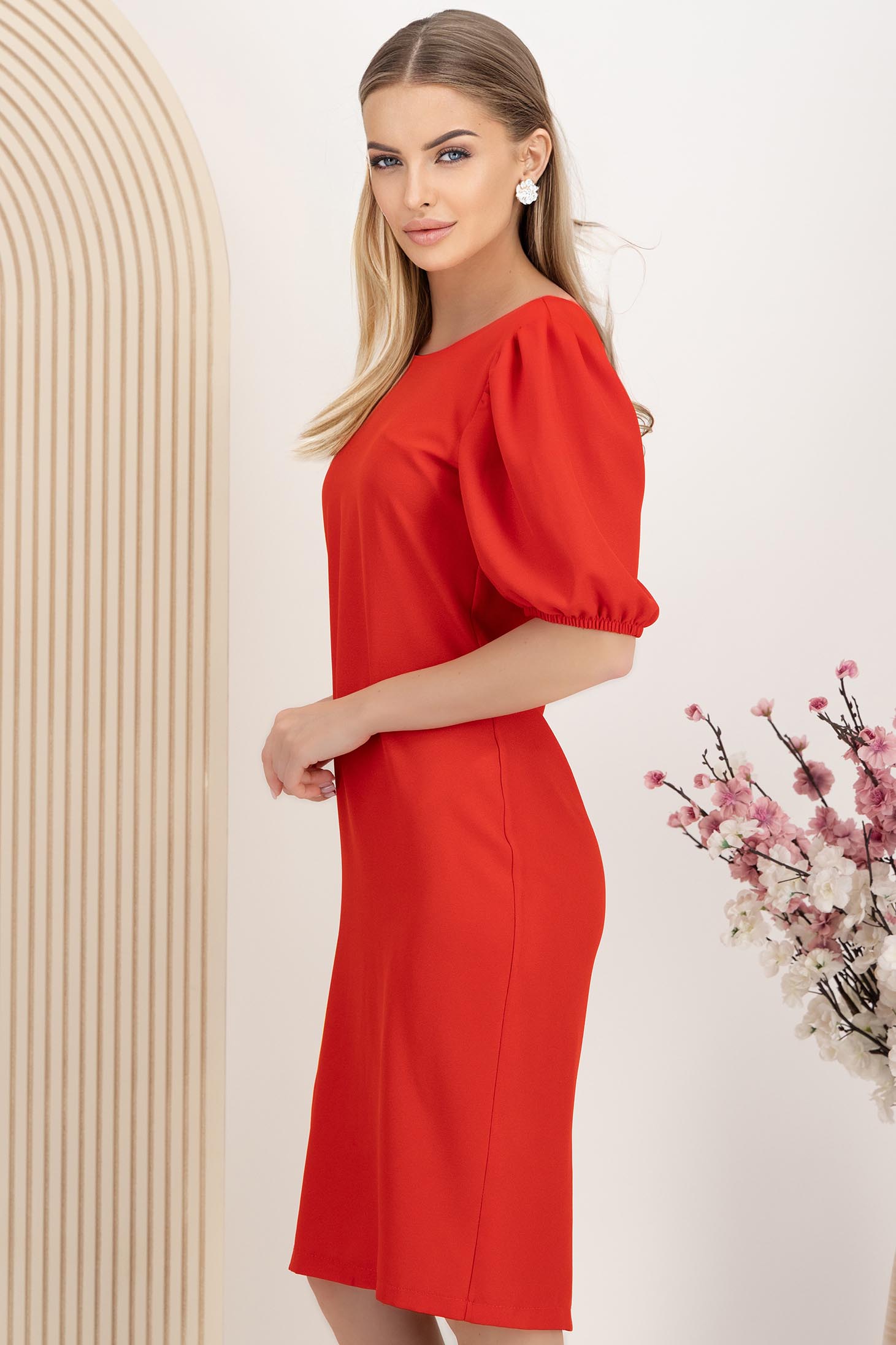 Rochie din crep subtire rosie midi cu un croi drept si maneci bufante - StarShinerS 2 - StarShinerS.ro