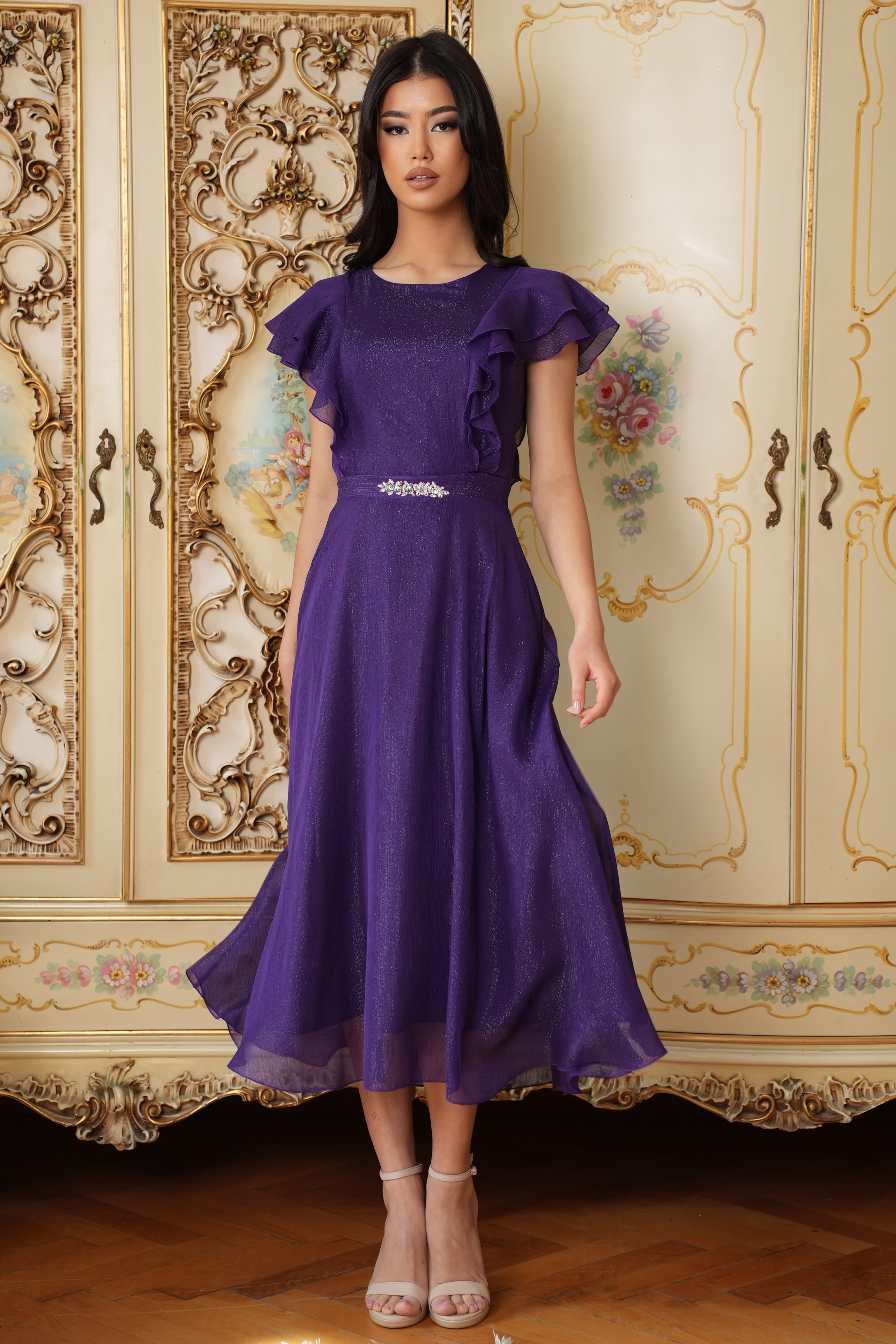 Rochie din voal cu fir lame mov midi in clos cu volanase - StarShinerS 5 - StarShinerS.ro