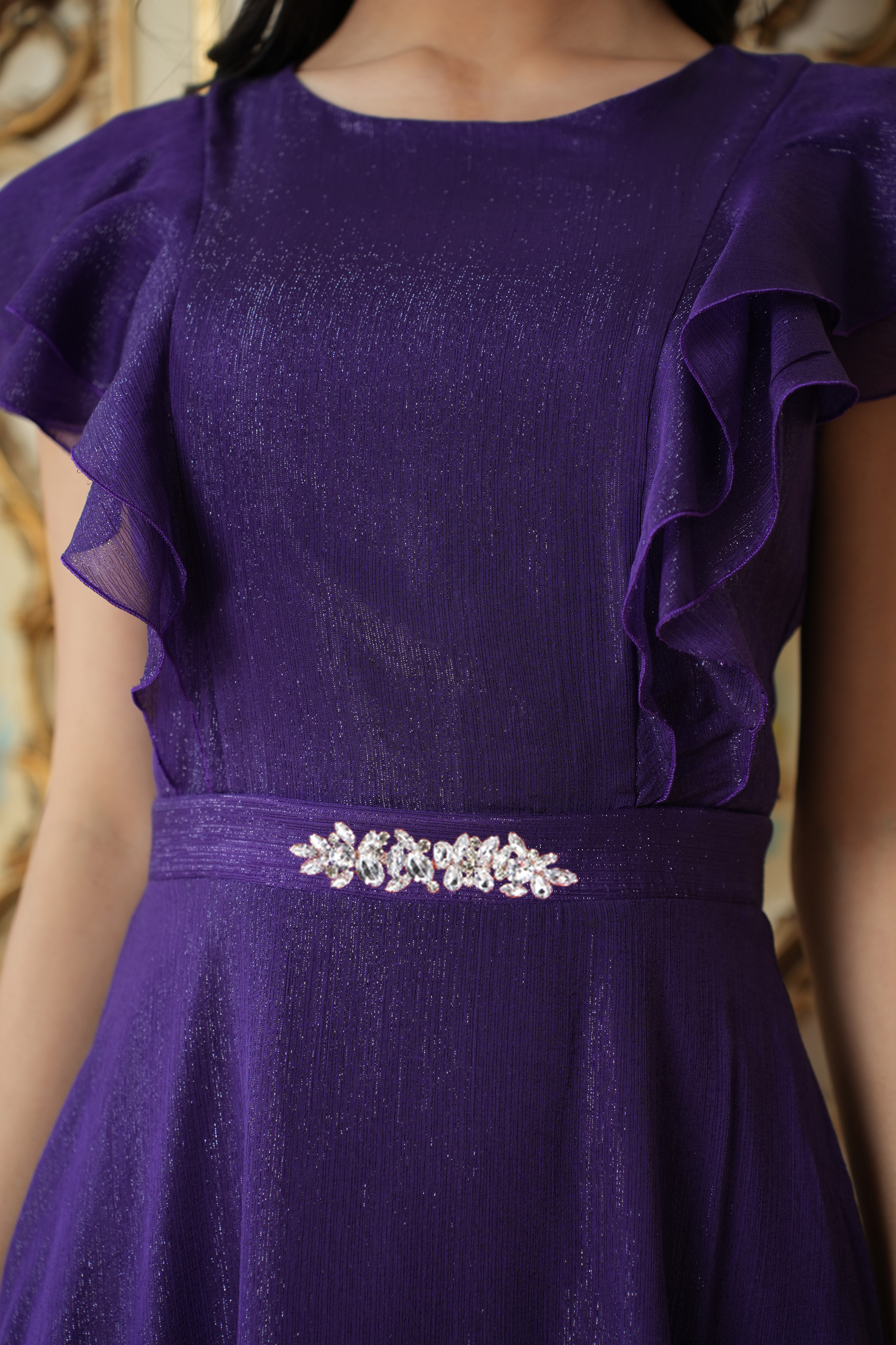 Rochie din voal cu fir lame mov midi in clos cu volanase - StarShinerS 6 - StarShinerS.ro