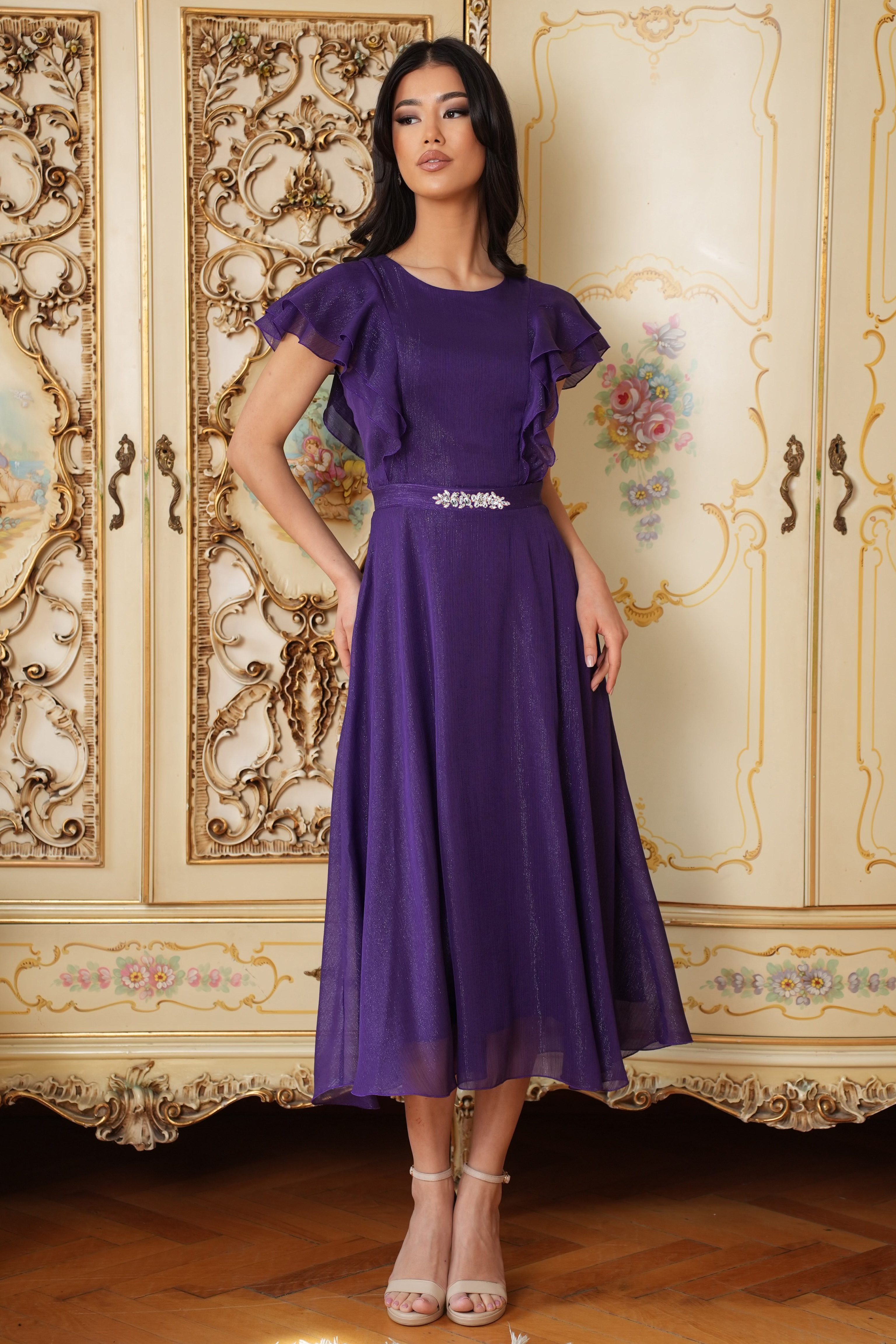 Rochie din voal cu fir lame mov midi in clos cu volanase - StarShinerS 2 - StarShinerS.ro