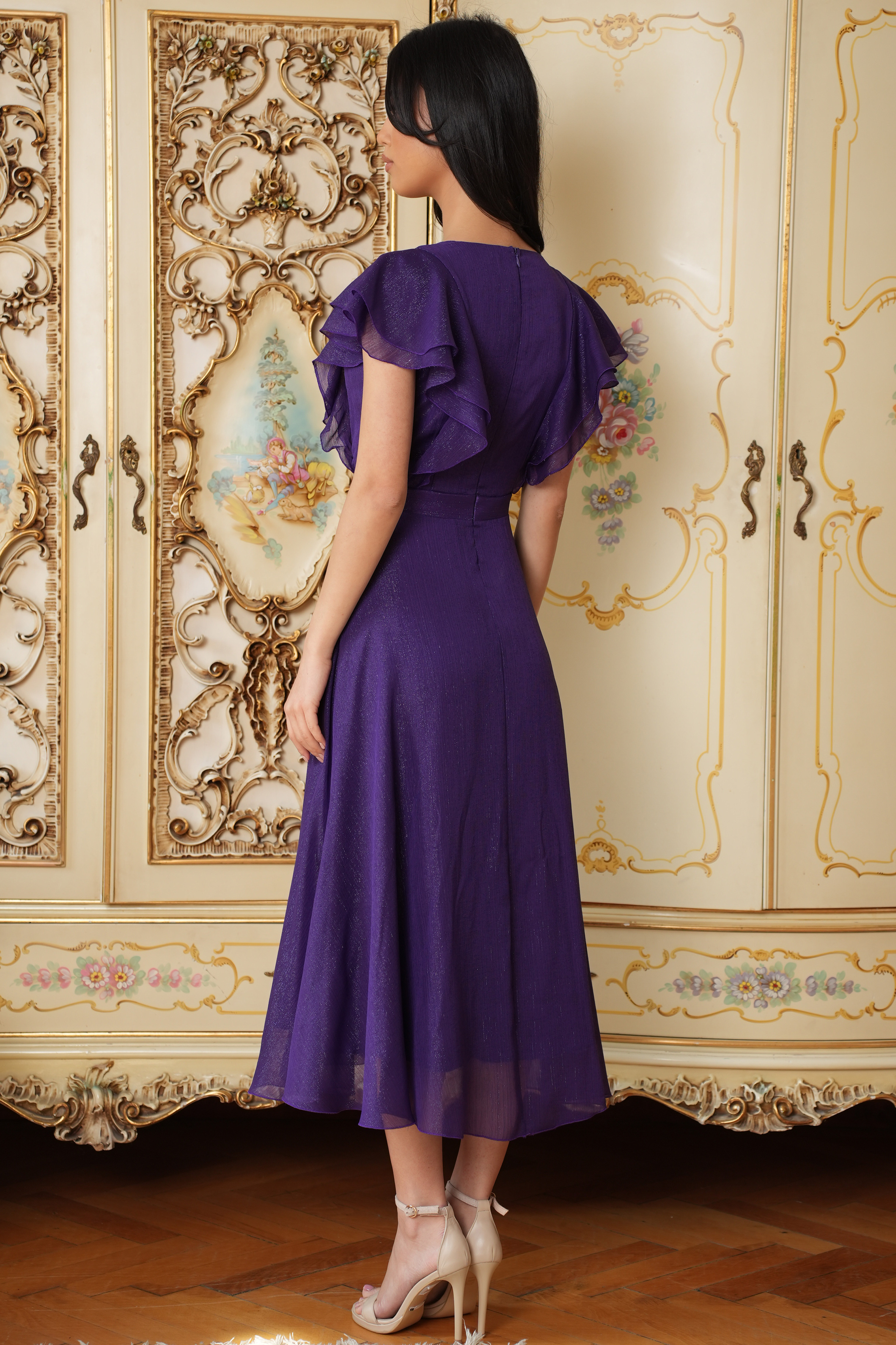 Rochie din voal cu fir lame mov midi in clos cu volanase - StarShinerS 3 - StarShinerS.ro