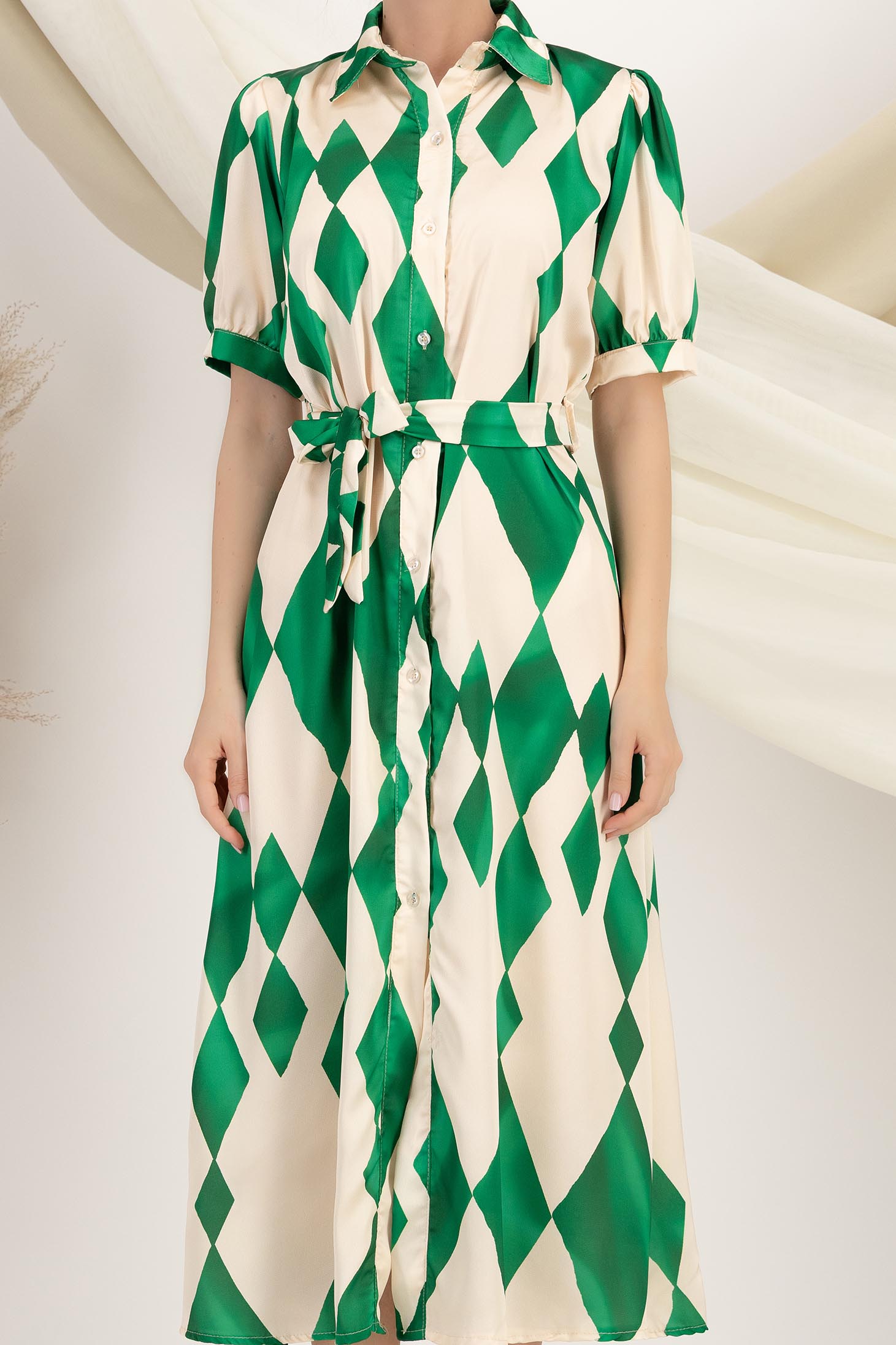 Rochie tip camasa din satin imprimat verde midi cu maneci bufante 4 - StarShinerS.ro